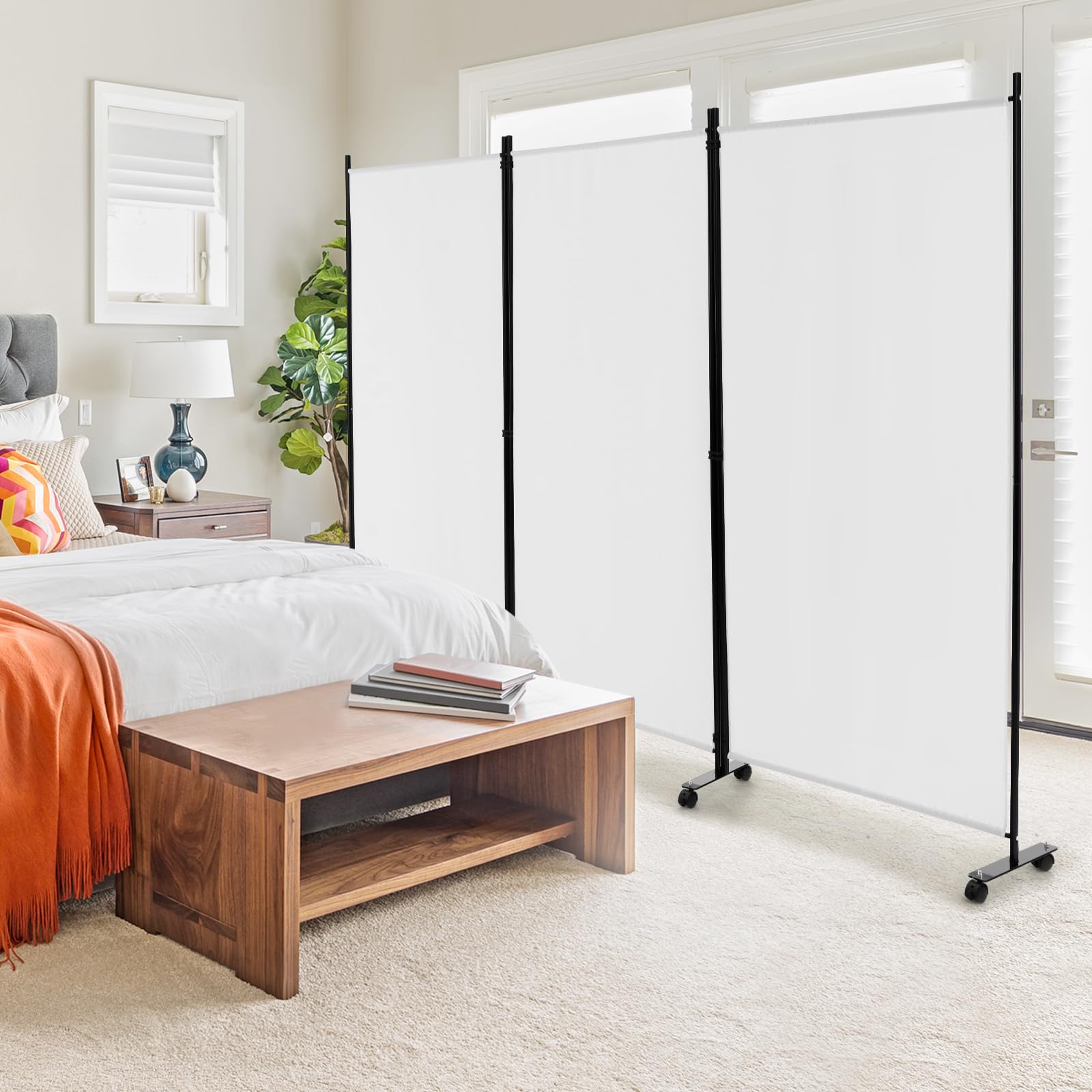 GIANTEX Biombo Plegable con Ruedas, Separador de Privacidad 3 Paneles, 262 x 180 cm, Divisor de Habitación Independiente con Patas Anchas, Pantalla de Tela para Protección Privada (Blanco)