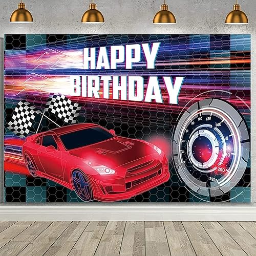 Vista 28 de MEHOFOND Telón de fondo de feliz cumpleaños de carreras de autos de 7 x 5 pies, fondo dorado de fiesta de coche de carreras para niños, decoración