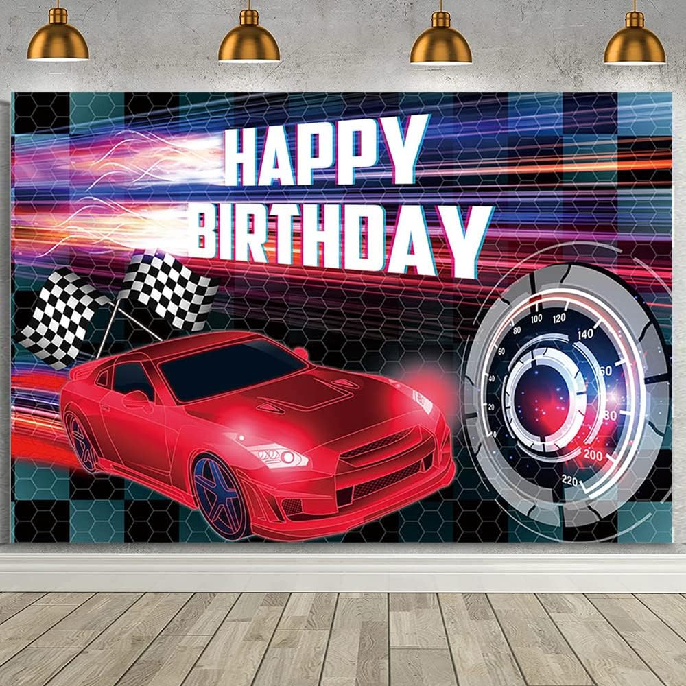 MEHOFOND 7x5ft Car Racing Happy Birthday Backdrop, Red Racing Party Photo Background for Boys, Car Birthday Party Decorations Car Banner Red Race Car Birthday Party Supplies Party Decor