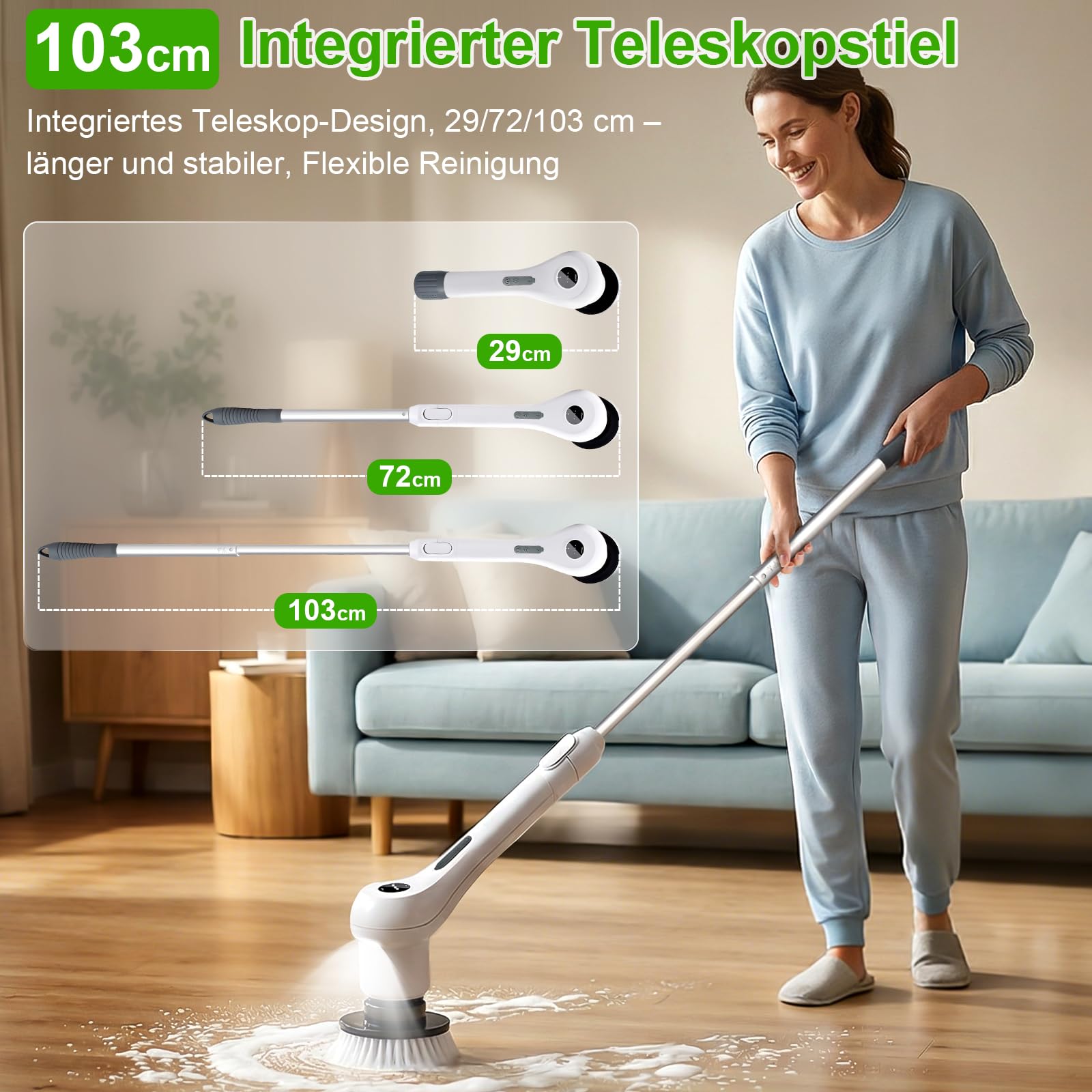 Elektrische Reinigungsbürste, 8 in 1 Putzbürste Elektrisch, Electric Cleaning Brush IPX7 Wasserdichter mit Austauschbaren Bohrbürstenköpfen und Verstellbarem Griff für Badezimmer, Fliesen, Küchenherd