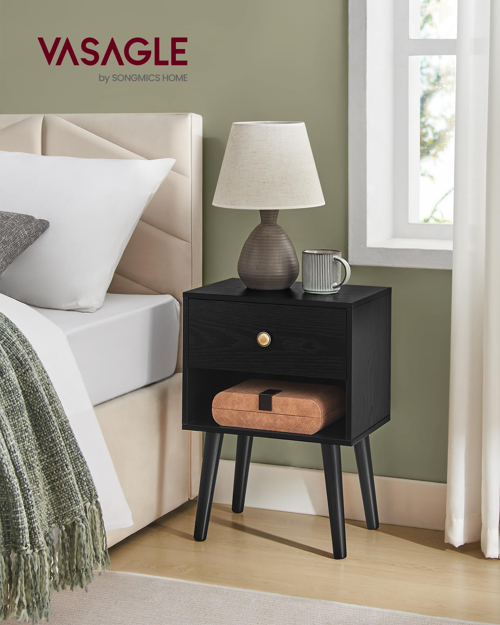 VASAGLE Table de Chevet, Table d'appoint avec tiroir de Rangement et étagère Ouverte, Pieds en Bois Massif, Table d'appoint pour Salon, Chambre à Coucher, canapé, Noir ébène LET655B56