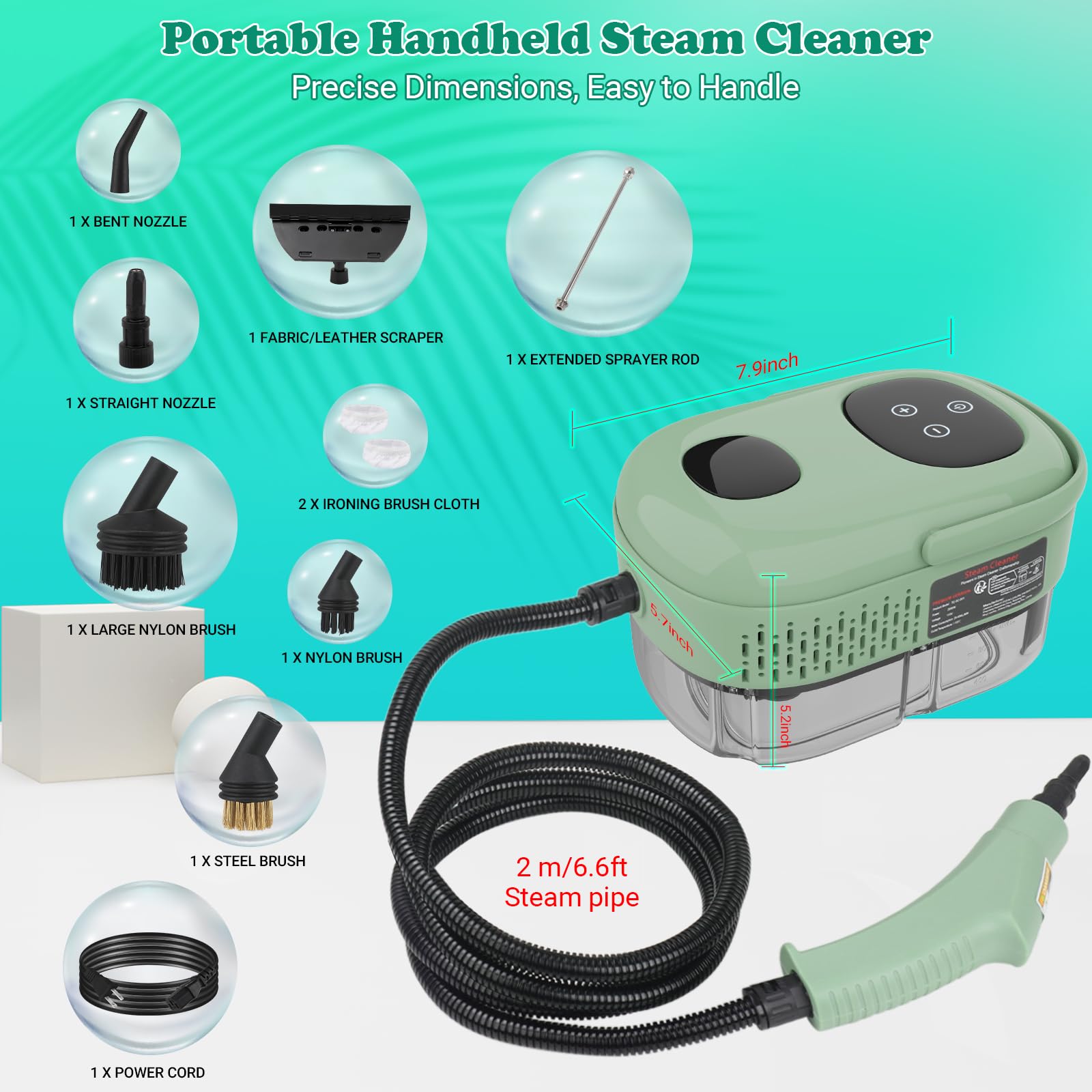 Steam Cleaner Handheld, 2500W High Pressure Multipurpose Steamer for Cleaning, Steamer for Home Use with 1.1L Water Tank, Car Steamer, 10S Fast Heat-Up 6 Gears Adjustment - Green