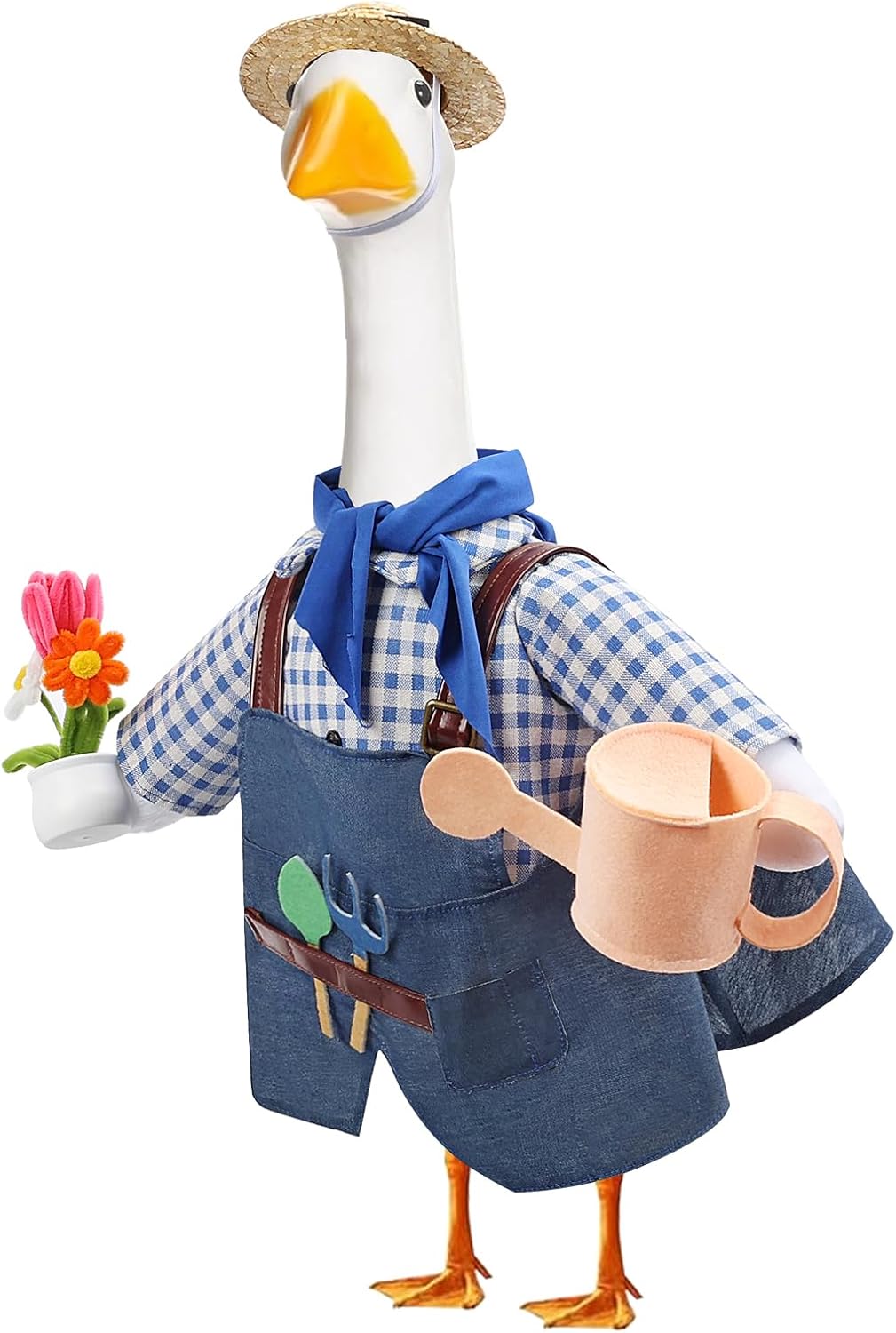 GJL Gardener Porch Goose Outfit Fits 23 Inch Cement Plastic Goose Statue, 2-Piece Porch Goose Clothes with Hat, Tools, Scarf, Watering Can & Flower Pot Design for Spring Summer Outdoor Garden Decor