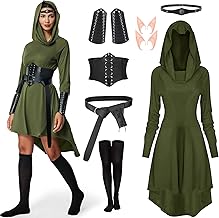 BuzzoXerex Medieval Dress Women's Hooded Gothic Dress Set for Women, Medieval Renaissance Costume with Corset, Belt, Elf Ears for Halloween, Carnival
