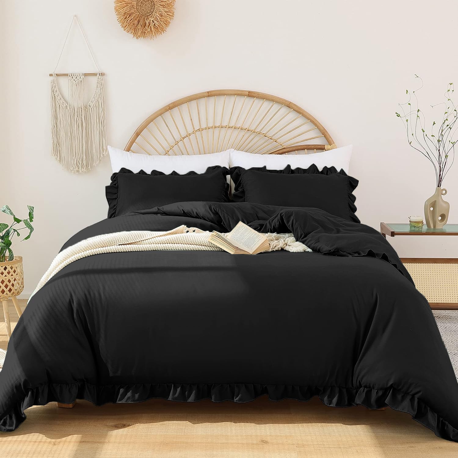 Rüschen Bettwäsche 135x200 4teilig Schwarz Uni Romantische Rüschenbettwäsche Set Einzelbett Weich Bettbezug Mikrofaser 2 Deckenbezug mit 2 Kissenbezug 80x80 cm Reißverschluss