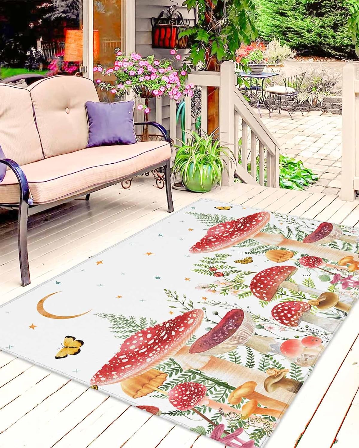 Mushroom Outdoor Area Rug 4'x6',Patio Balcony Porch Front Door Camping Camper RV Deck Runner Rug Carpet Living Room/Bathroom/Kitchen,Hallway Floor Mat Botanical Wildflower Herbs White Watercolor