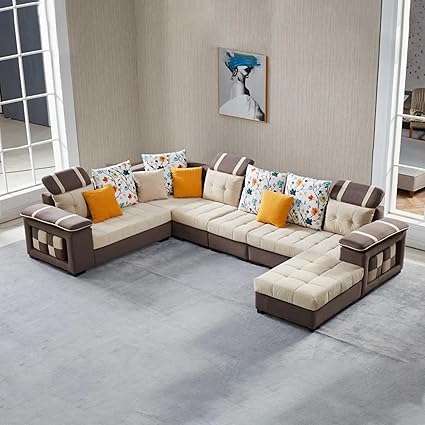 Caradel Tyler 9 Seater U Shape Fabric Sofa Set in Cream & Brown Color for Living Room, Couch Sofa for Living Room, Nine Seater Sofa