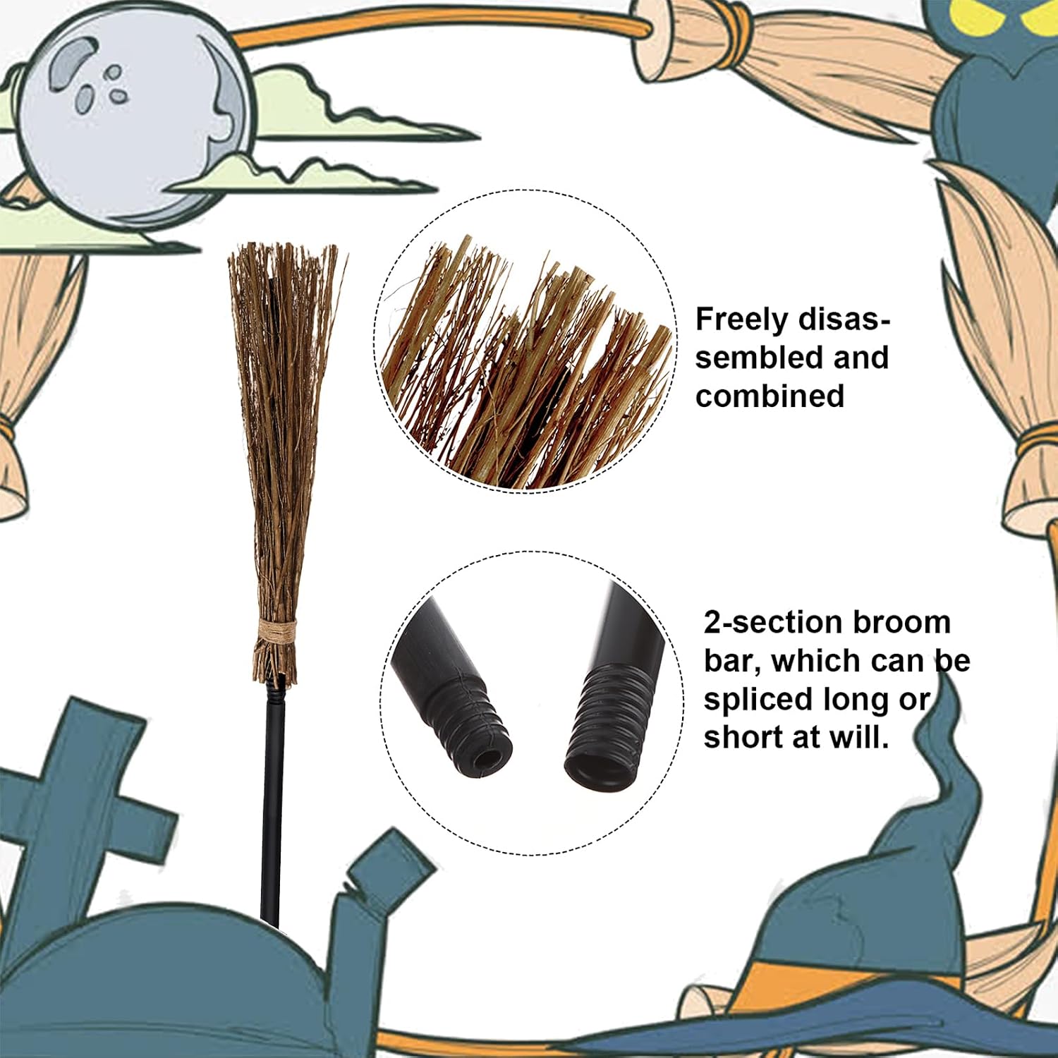 2PCS Witch Broom-3 Section Witch Broom Costume Accessories Halloween Decor Halloween Costume Props Decoration
