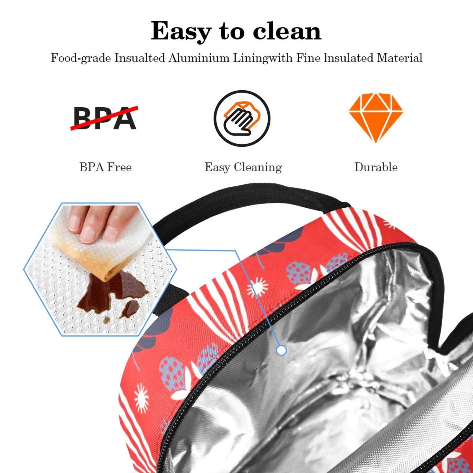Borsa termica termica per il pranzo con sfondo rosso e fragola, per donne, ragazze, adulti, borsa per il pranzo, ideale per picnic, scuola, ufficio, all'aperto