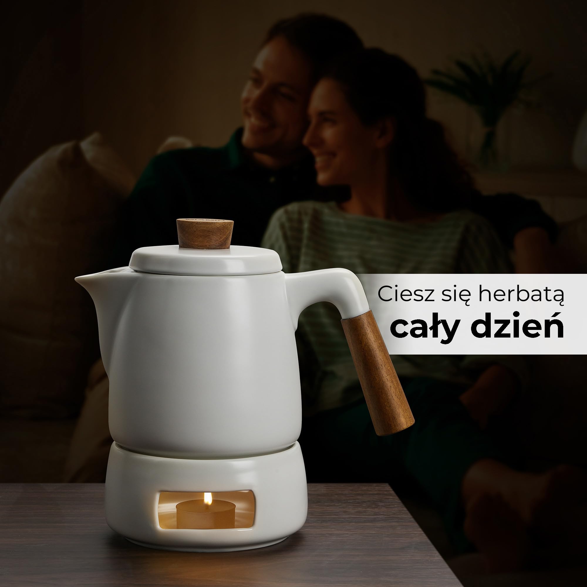 MIAMIO Zestaw Czajników z Podgrzewaczem 1L Czajnik do Herbaty 1000 ml z Zaparzaczem do Luźnych Liści Biały
