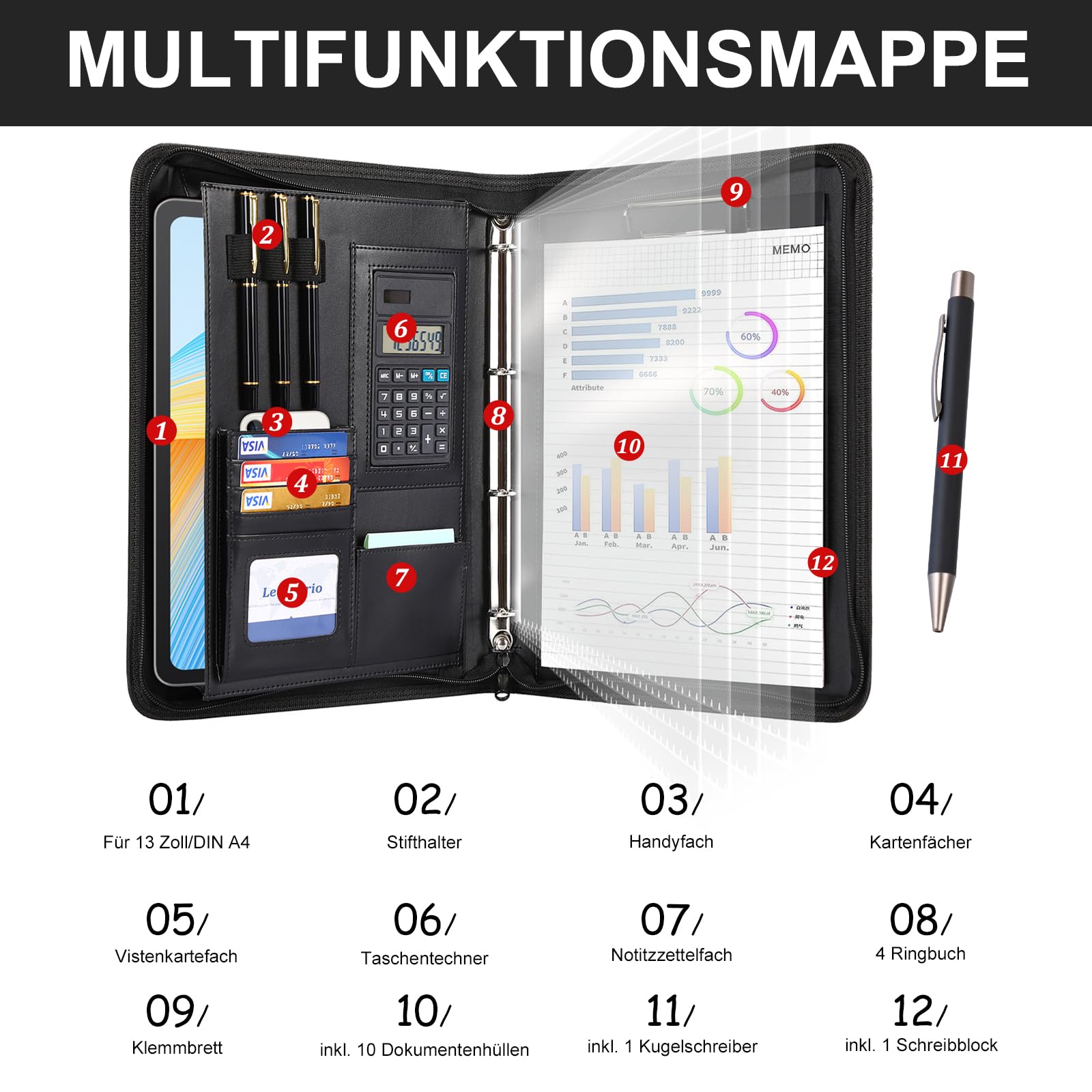 Leathario A4 Konferenzmappe, Schreibmappe mit Ringbuch，Reißverschluss,Ringbuchmappe Portfolio, Dokumentenmappe Aktenmappe Mappe Schreibblock Schwarz
