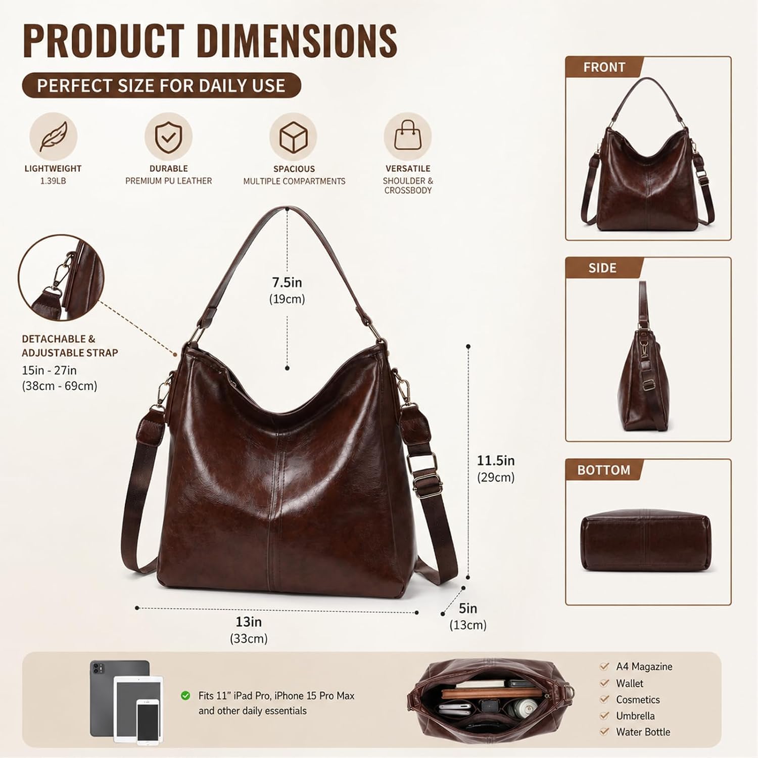 Slouchy Hobo Bags for Women Large Shoulder Bag with Top Handle Vintage Crossbody Purse Leather Travel Slouchy Tote Handbag