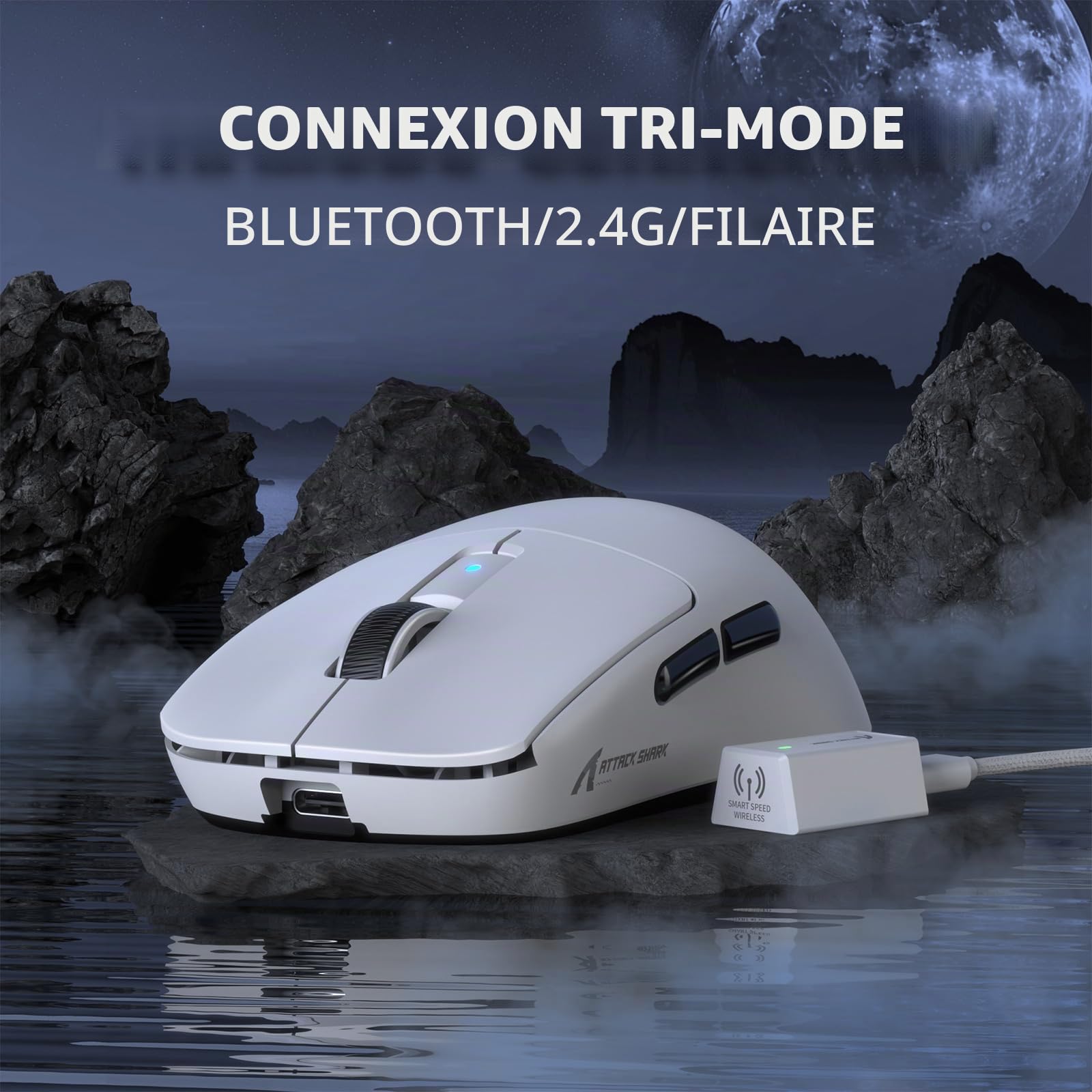 ATTACK SHARK R6Souris de Jeu sans Fil 8 kHz, Ultra légère 42 g, Nordic 52840 MCU, capteur de Jeu PixArt PAW3950MAX, BT/2,4 G/Filaire, 6 DPI réglables jusqu'à 42 000, Batterie 250 mAh, PC/Mac (Blanc)