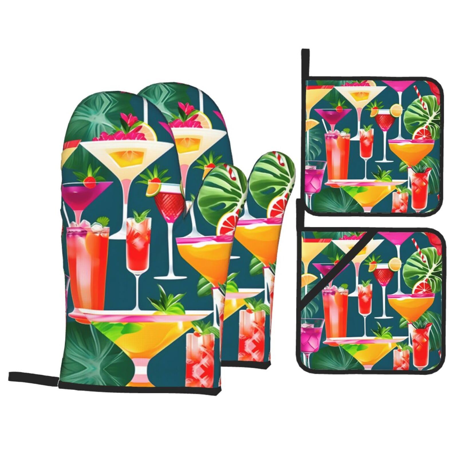 Tropical Cocktail Print Oven Mitts,Pot Holders, Heat Resistant Oven Mitts Gloves,Hot Pads for Kitchen Cooking Grill
