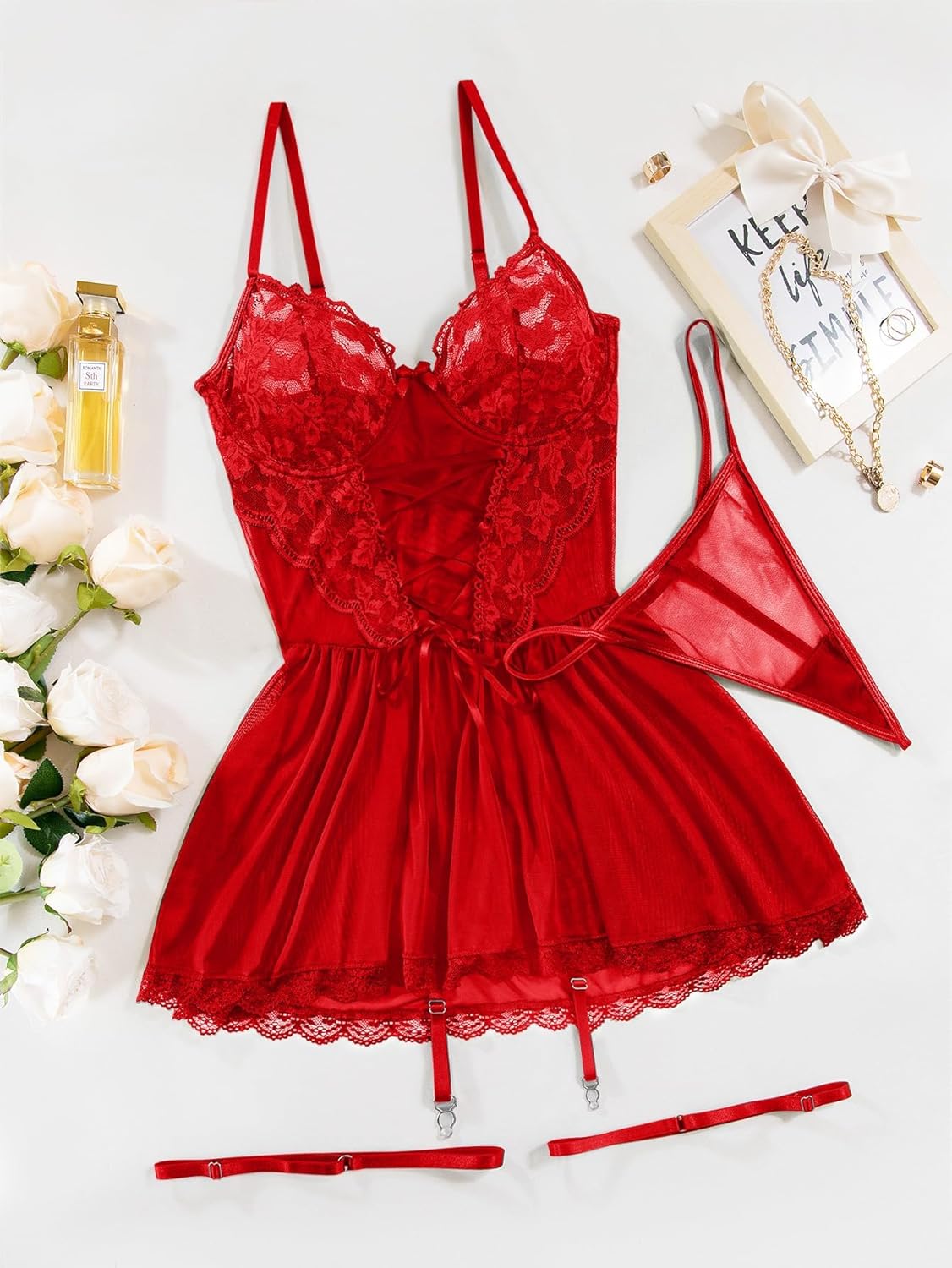 Lilosy Sexy Garter Belt Mesh Lace Babydoll Lingerie Dress Set with Thong - Image 5