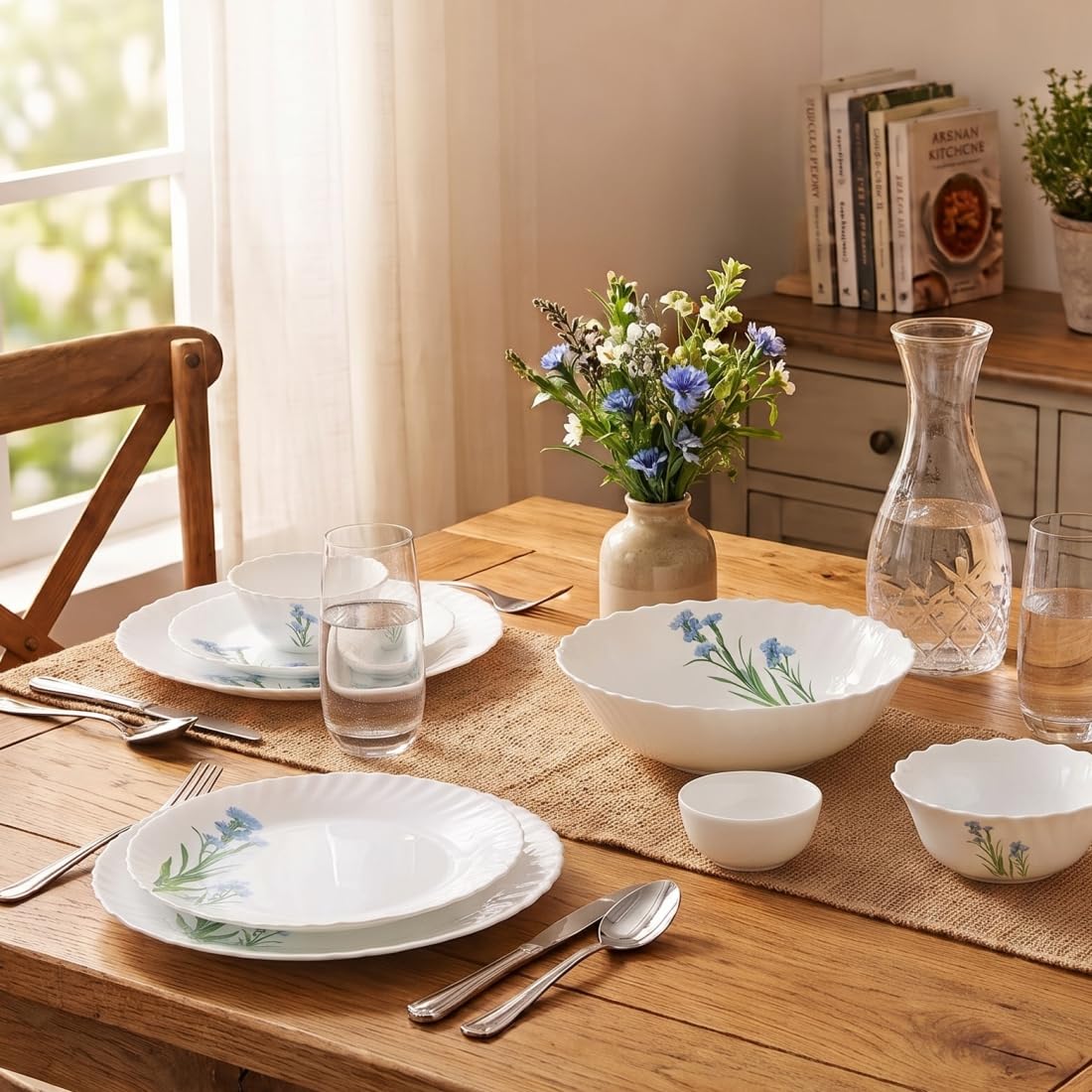 La Opala Novo Opalware Dinner Set, 10 Pcs for Family of 2, Blue Florets | Microwave & Dishwasher Safe, Bone-Ash Free, Plates