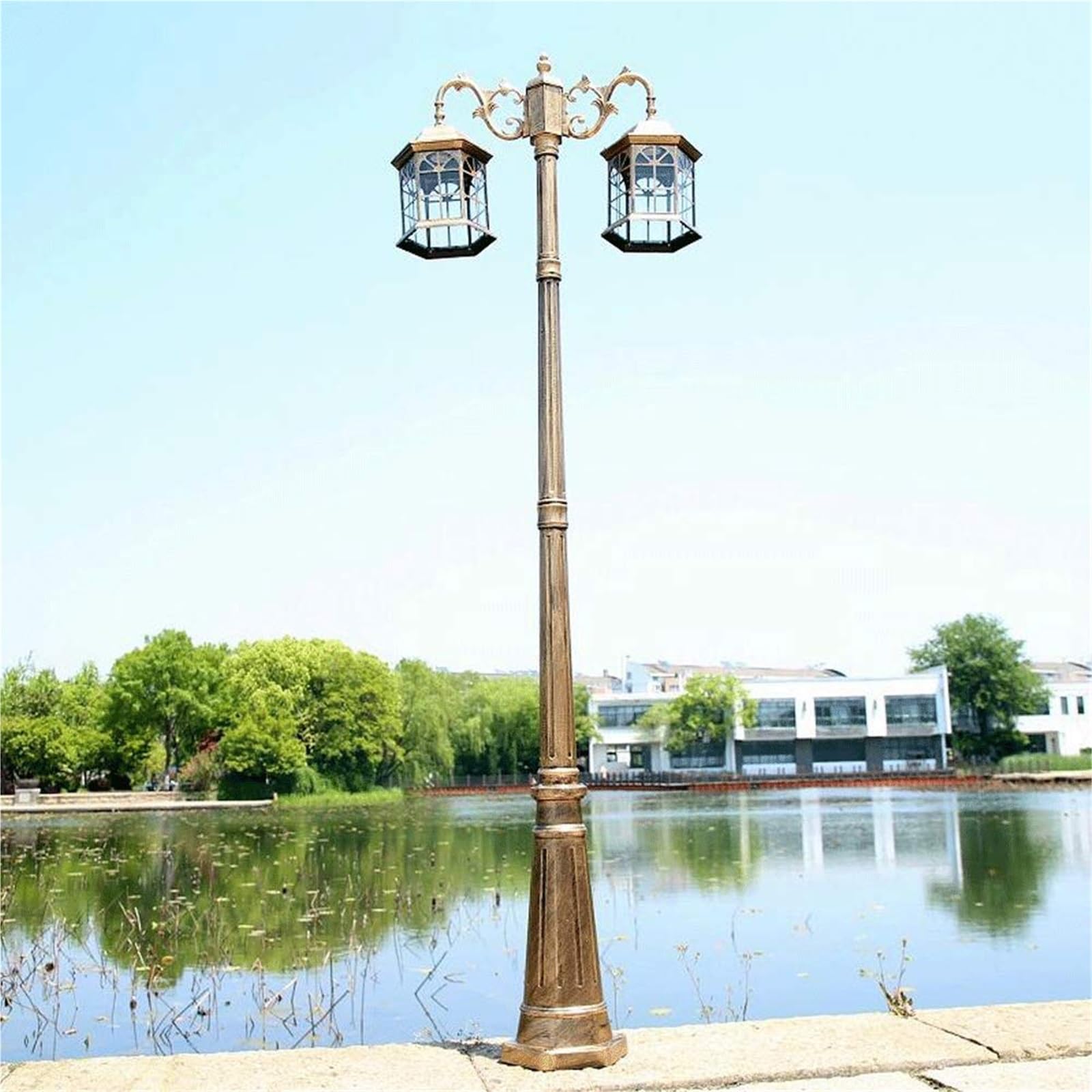 Lampy Zewnętrzne Do Oświetlenia Tarasu, Zewnętrzne Lampy Zewnętrzne, Tradycyjne Lampy Zewnętrzne, Odlewane Aluminiowe, Podwójne Głowice, Wysoki Słup Oświetlenio(Brązowy-Wysokość 320 Cm)
