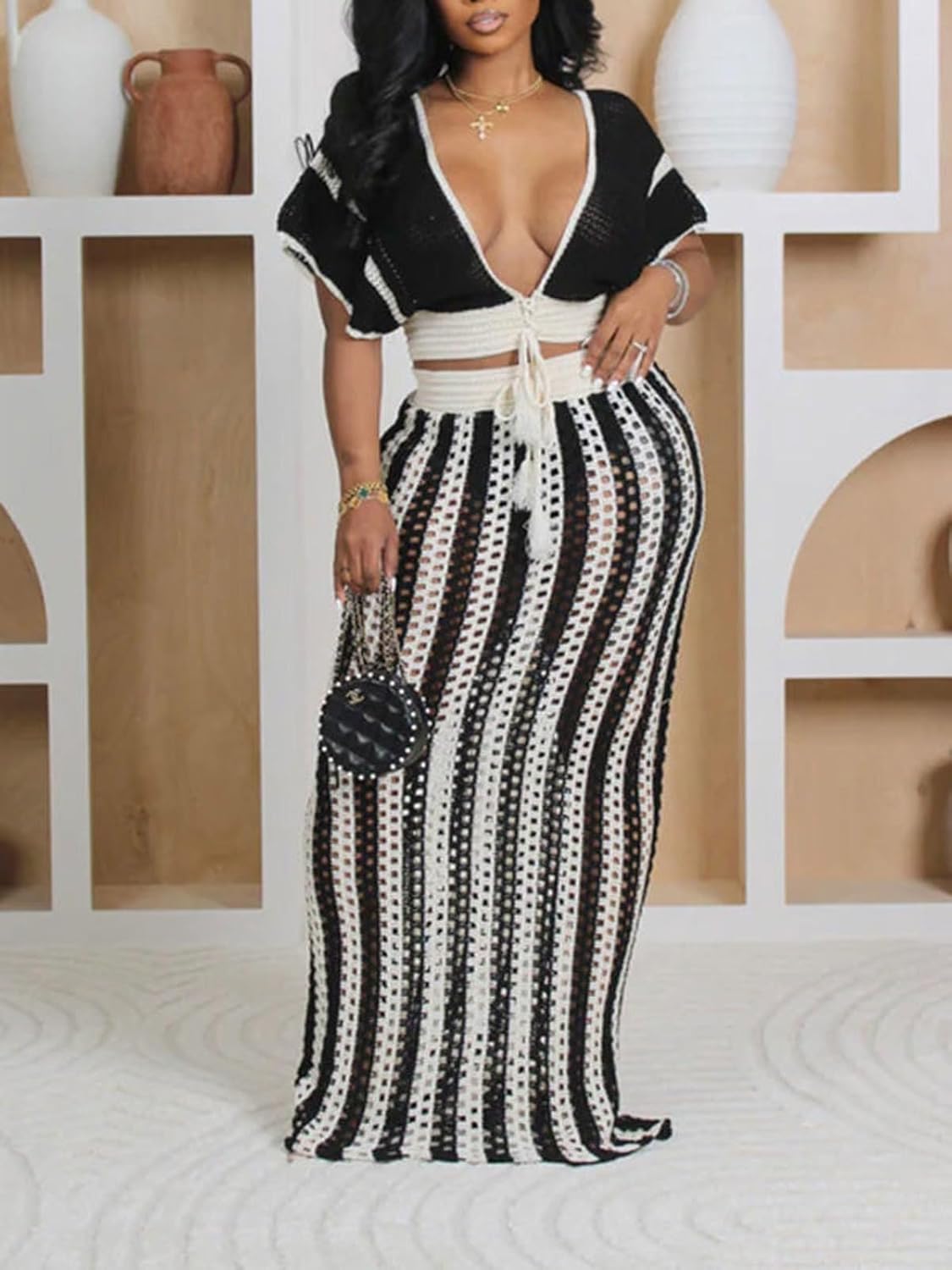 KANSOON Crochet Skirt Sets Women 2 Piece Outfits Knit Striped Hollow Out Short Sleeve V Neck Drawstring Top Maxi Skirts Set - Image 4