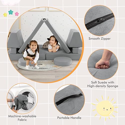 Miniatura 14 de Costzon Sofá de juegos para niños, sofá plegable modular grande con asa, funda lavable a máquina, cojín de espuma convertible para sala de juegos,