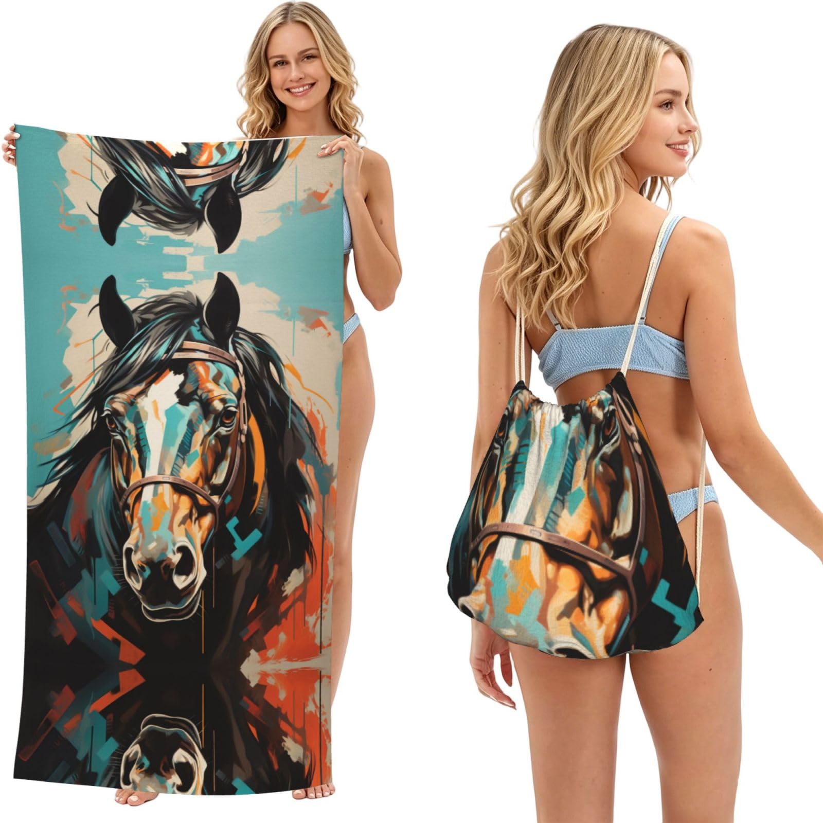 SXZVVBN Pictures of Colorful Horses 2-in-1 Beach Towel Bag, Quick Dry Sand Free Travel Towel Backpack for Adults
