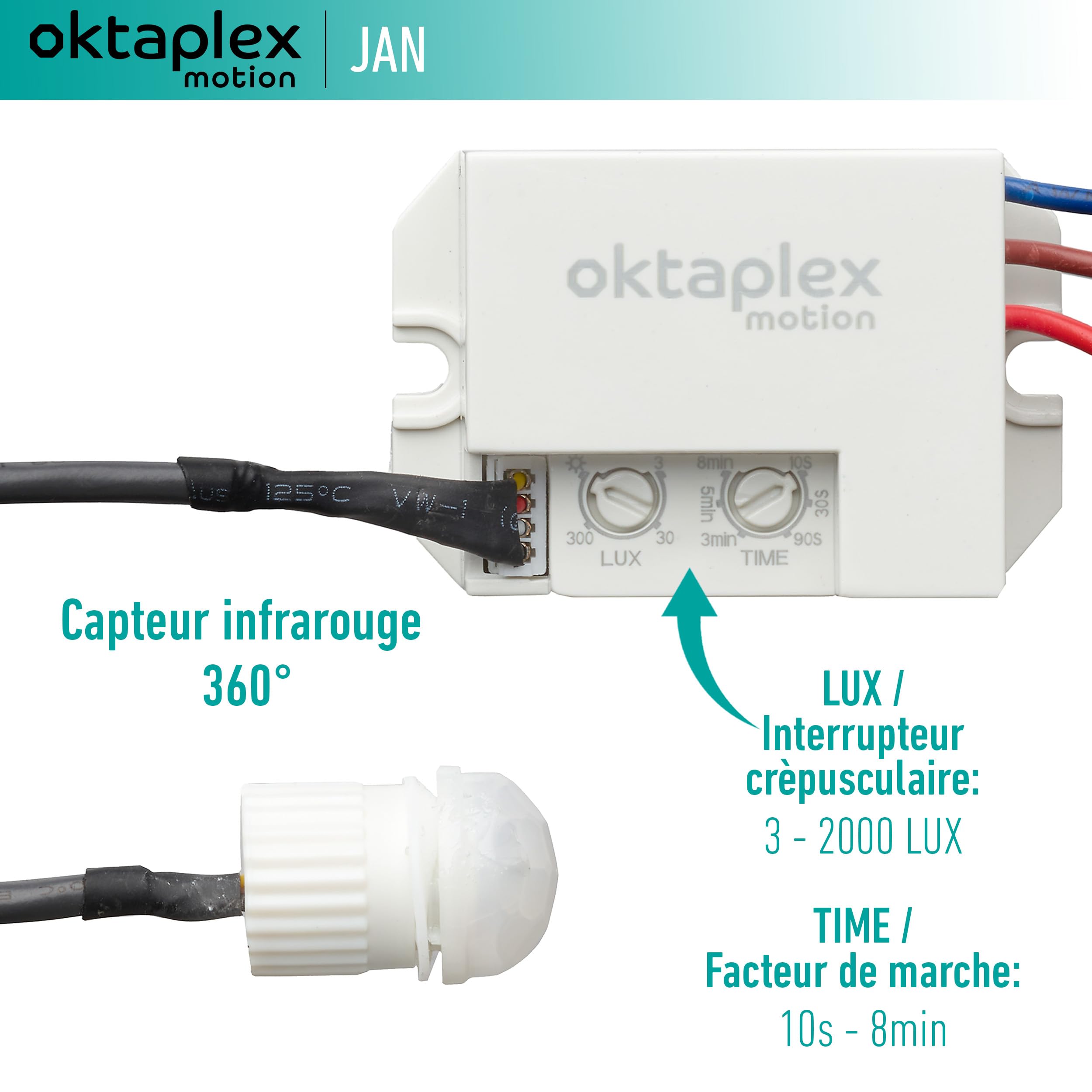 Oktaplex motion 2X Jan Détecteur de Mouvement extérieur & intérieur IP65/IP20 360° Capteur Infrarouge Petit 8 m portée 230 V avec capteur crépusculaire Blanc Mat