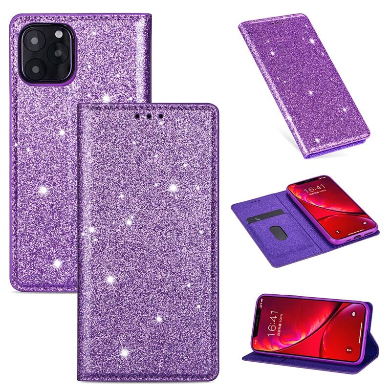 Generic Étui compatible avec iPhone 14 Pro (couleur : violet) à rabat magnétique à paillettes avec porte-cartes