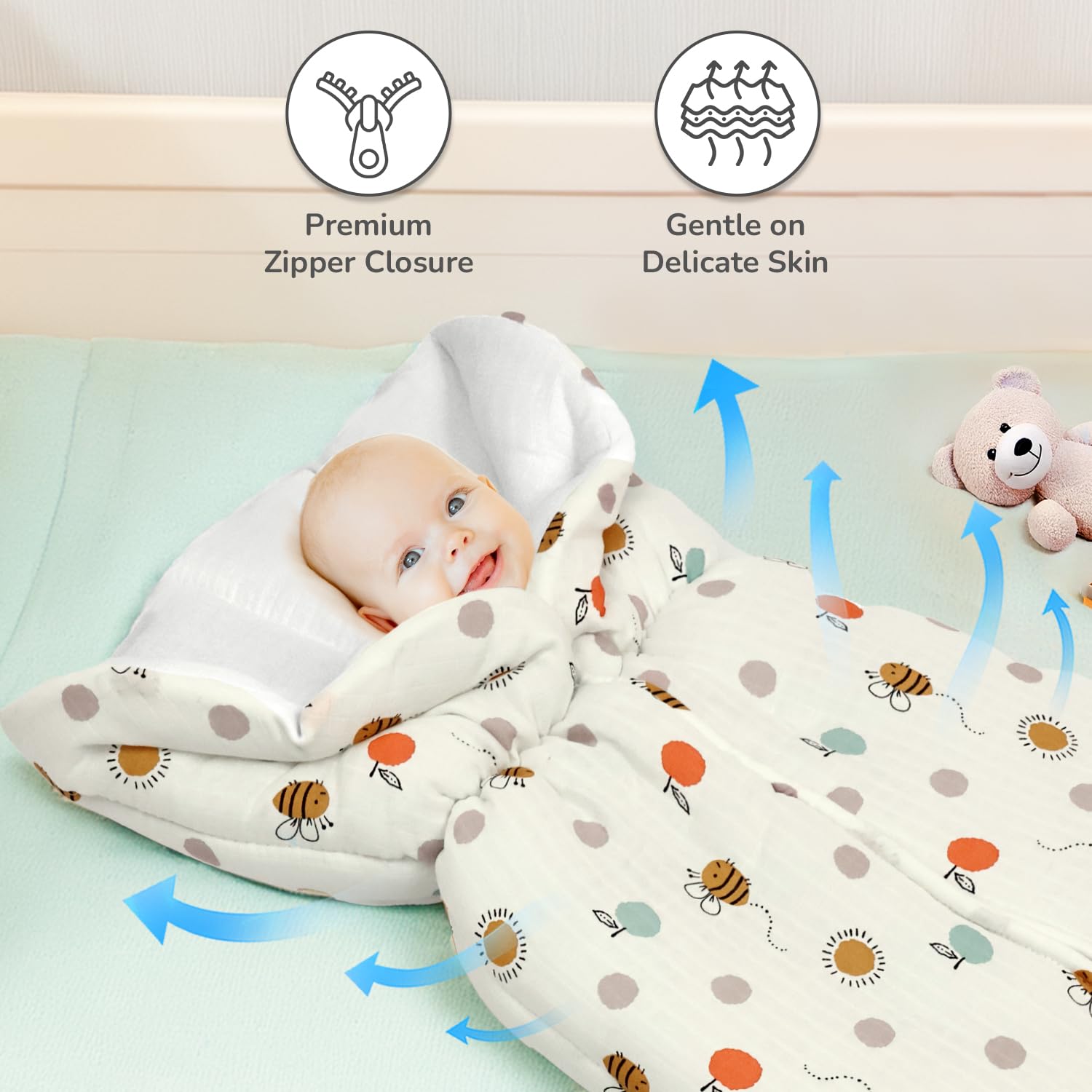 R for Rabbit Snuggy Bliss Baby Sleeping Bag Bedding Set | Premium 100% Muslin Cotton Carrying Nest for New Born Babies & Infant | Travel Friendly for 0-6 Months Baby Girl and Boy (Honey White) - Image 2 thumbnail