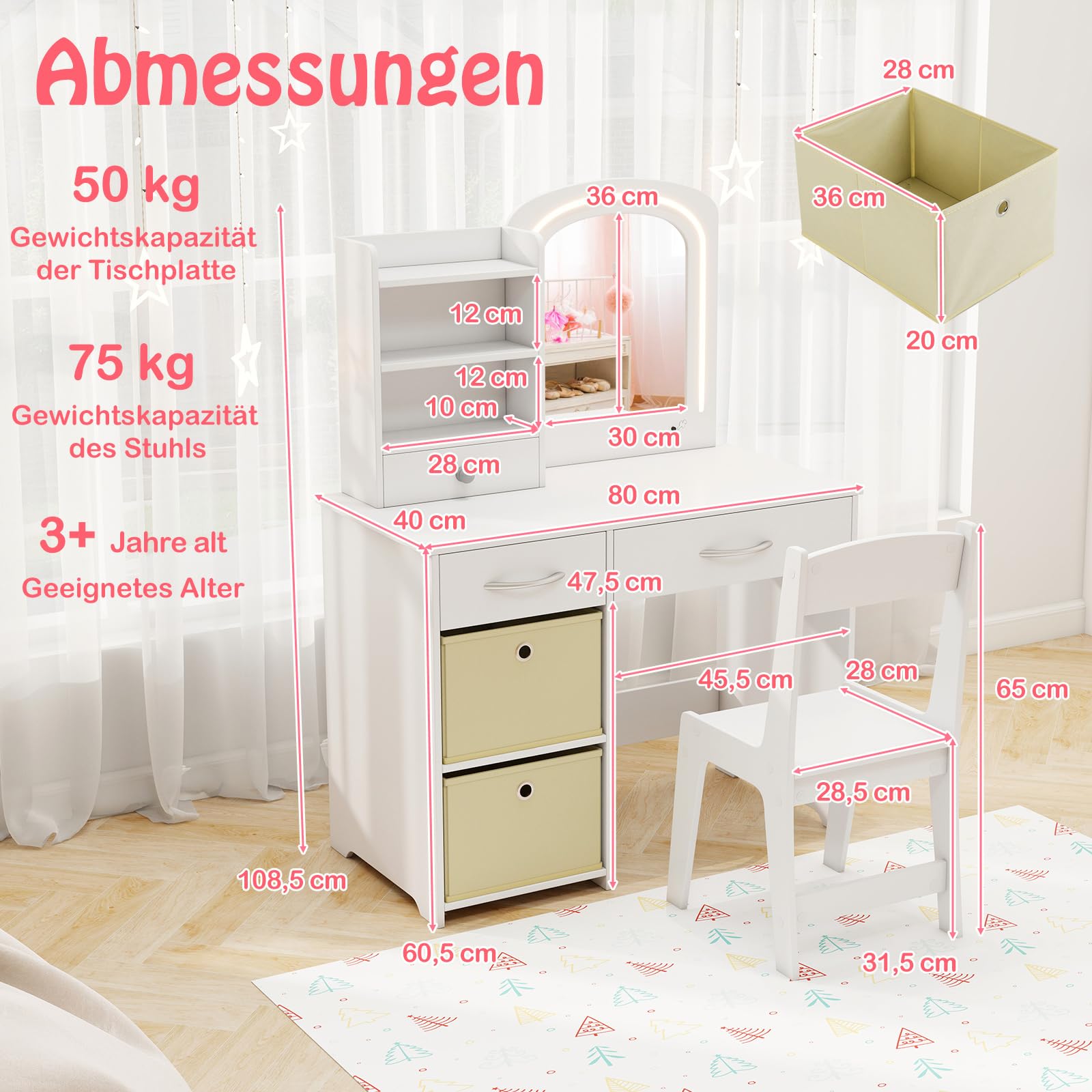 COSTWAY Kinder Schminktisch mit Beleuchtung, Kinderschminktisch mit Spiegel, Schubladen & 2 Aufbewahrungsboxen, Frisiertisch Prinzessin mit Hocker, Kosmetiktisch für Mädchen ab 3 Jahren, Weiß