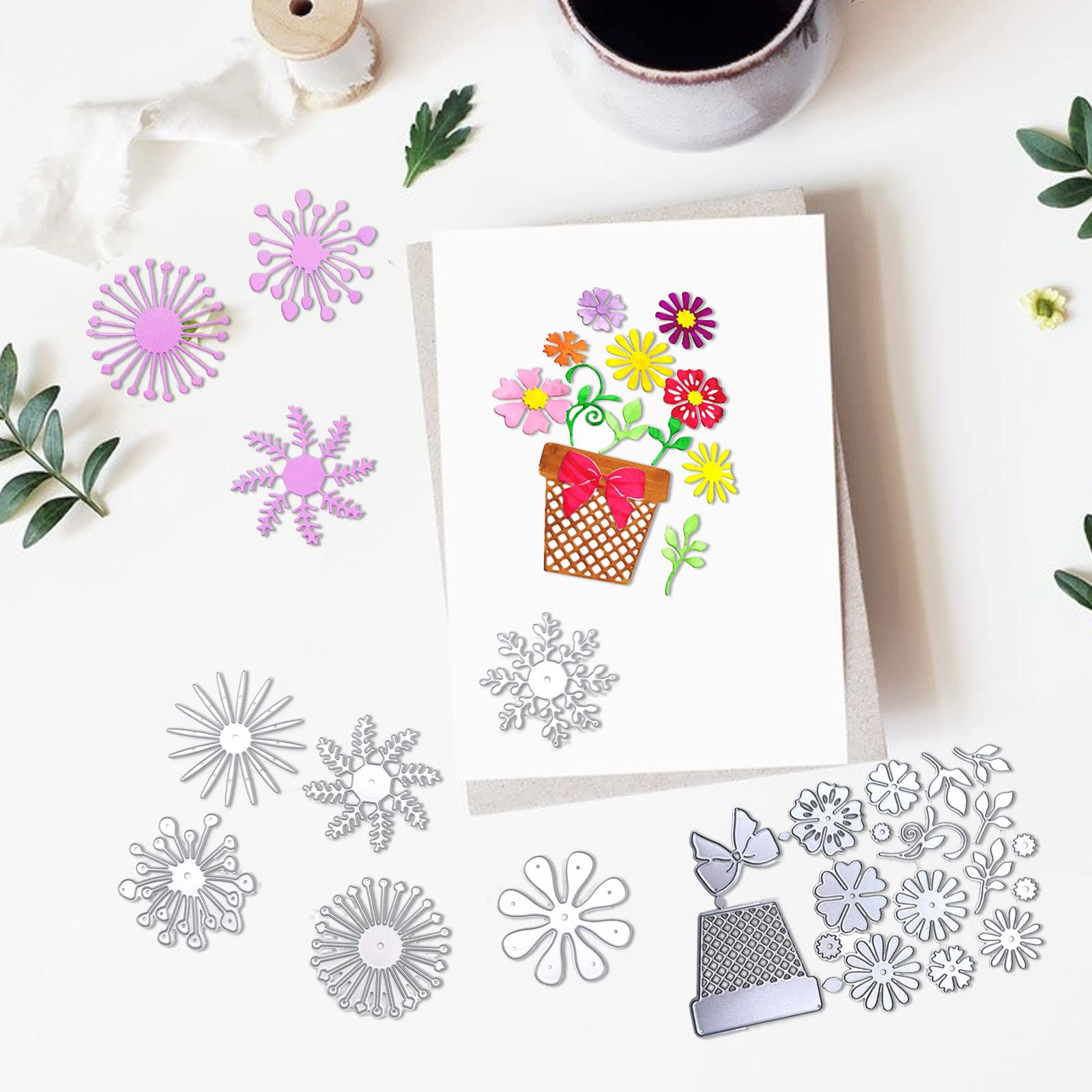 Fustelle Metalliche Per Scrapbooking | Set Fiori E Foglie Con Campanelle | Stencil Da Taglio E Goffratura 17x8 Cm