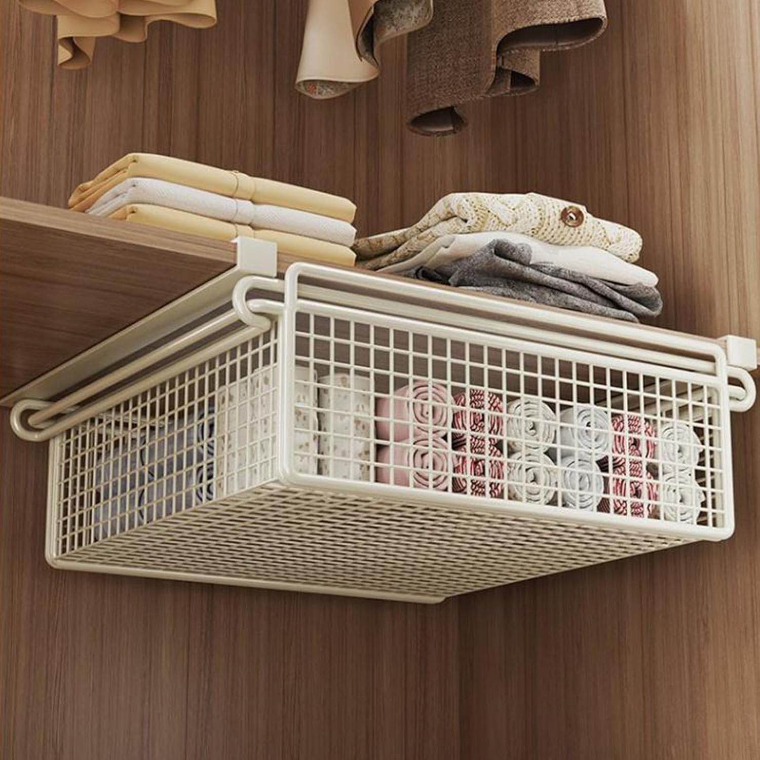 Pull Out Hanging Drawer, Metal Under Shelf Storage Basket, Rustproof Wardrobe Organizer For Clothing, Cabinet, Closet