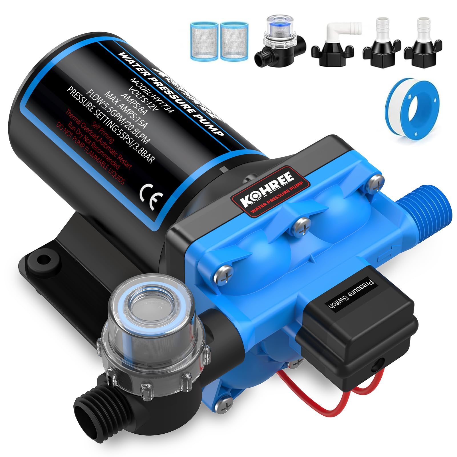 RV Fresh Water Pump 5.5GPM 55PSI 12V DC Diaphragm