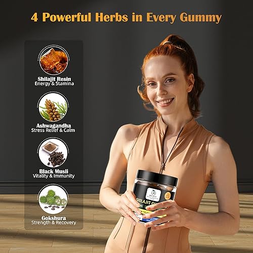 Vista 2 de Shilajit - Gomitas para hombres y mujeres con Ashwagandha y Gokshura, sin azúcar añadida, Shilajit 100% natural con más de 85 oligominerales y 75%