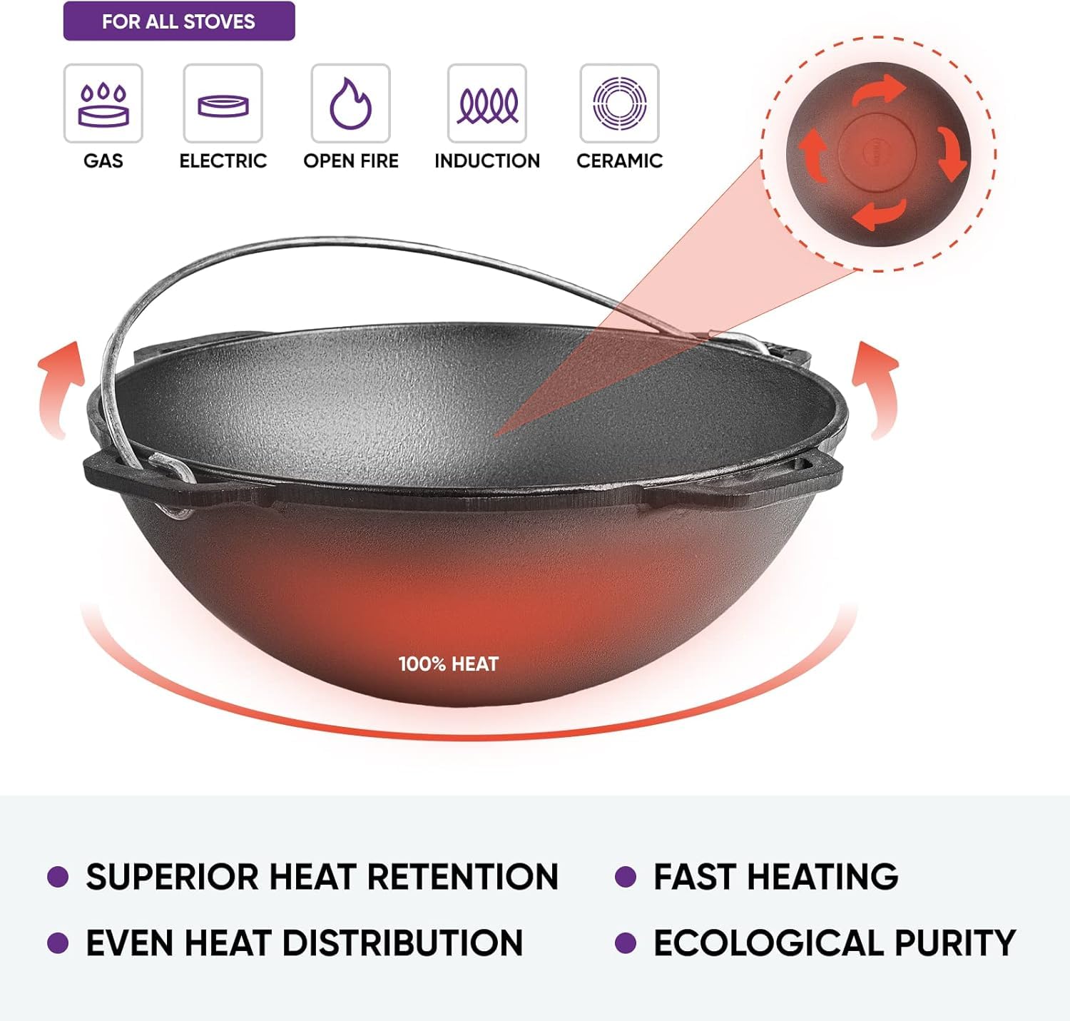 Gusseisen Usbekischer Kasan Dutch Oven Topf mit Deckel 6.3qt. (6L) Asiatischer Kessel Camping Wok Kochen Küche