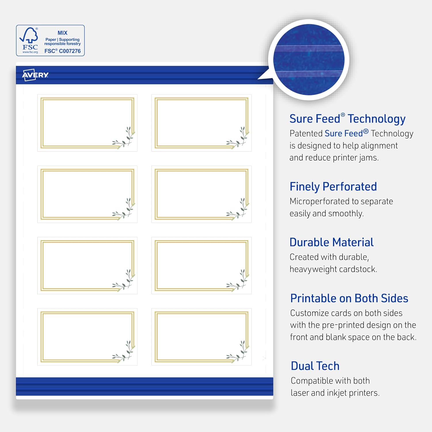 Avery Printable Rectangle Cards, 2" x 3.5", Matte White, Pre-printed Double Gold Border/Florals Design, Sure Feed Technology, Laser & Inkjet Compatible, 160 Total