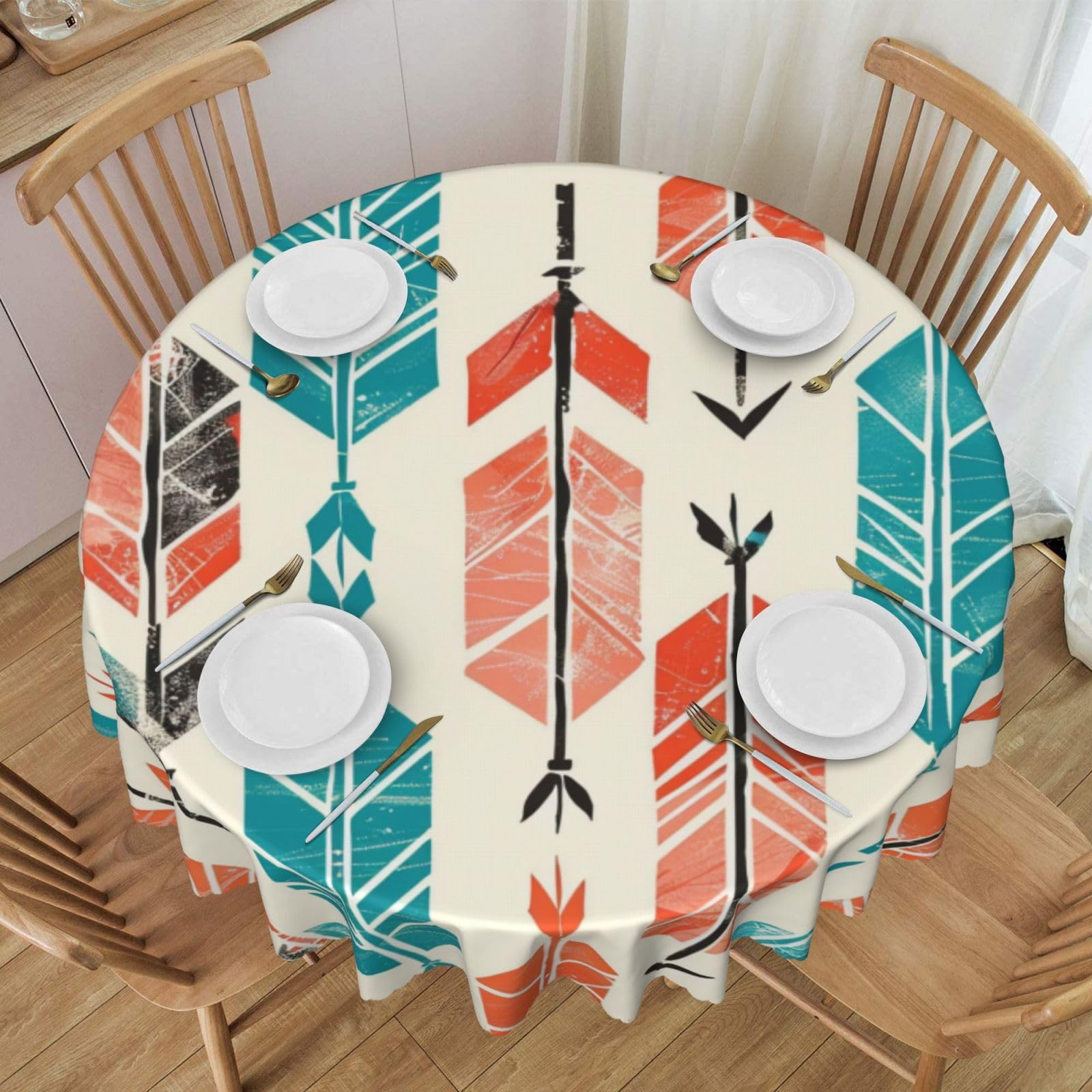 WPKJU Coral and Teal Arrows Printed Round Tablecloth 60 Inch with Lace Trim, Water-Resistant Washable Table Cover for Farmhouse Weddings, Outdoor Picnics & Holiday Dining
