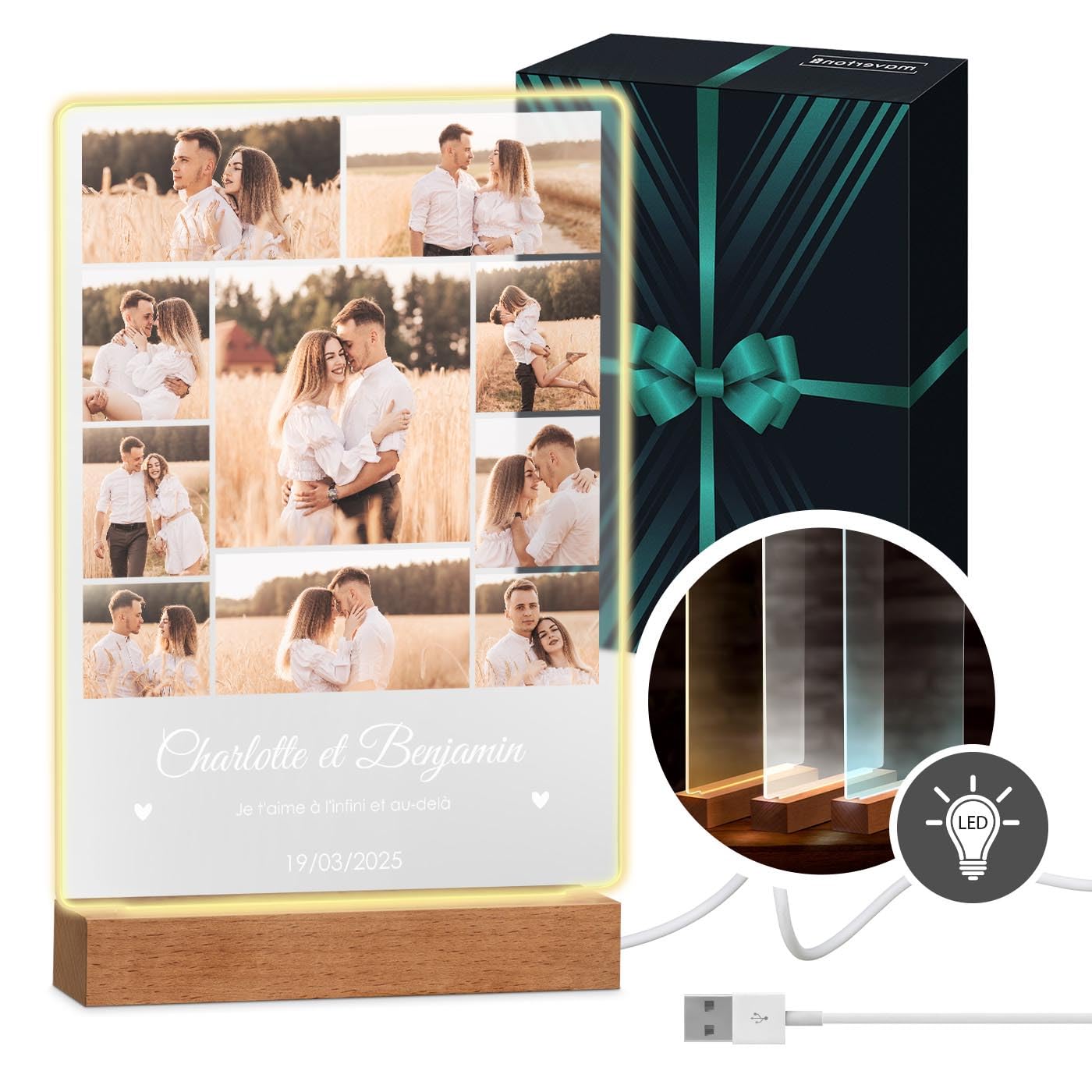 Cadeau personnalisé photo Maverton et lampe LED originale pour Noël et anniversaire de couple