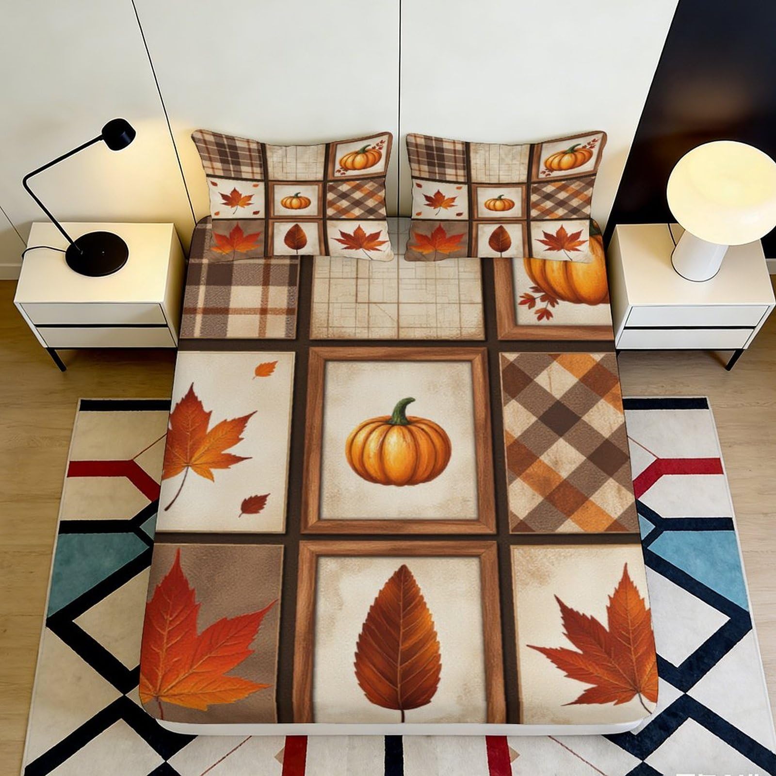 3D Printed Autumn Leaves Fitted Sheet Microfiber Soft Durable Pumpkin Bed Cover for Bedroom Dormitory Guest Room Mattress Protection 200x200x25cm