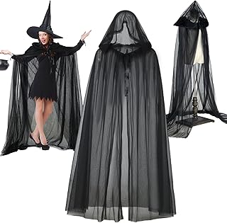 Juego de 2 disfraces de bruja de Halloween, capa de encaje de bruja con capucha de gran tamaño y sombrero de bruja puntiagudo negro para mujer, disfraz de fiesta de cosplay