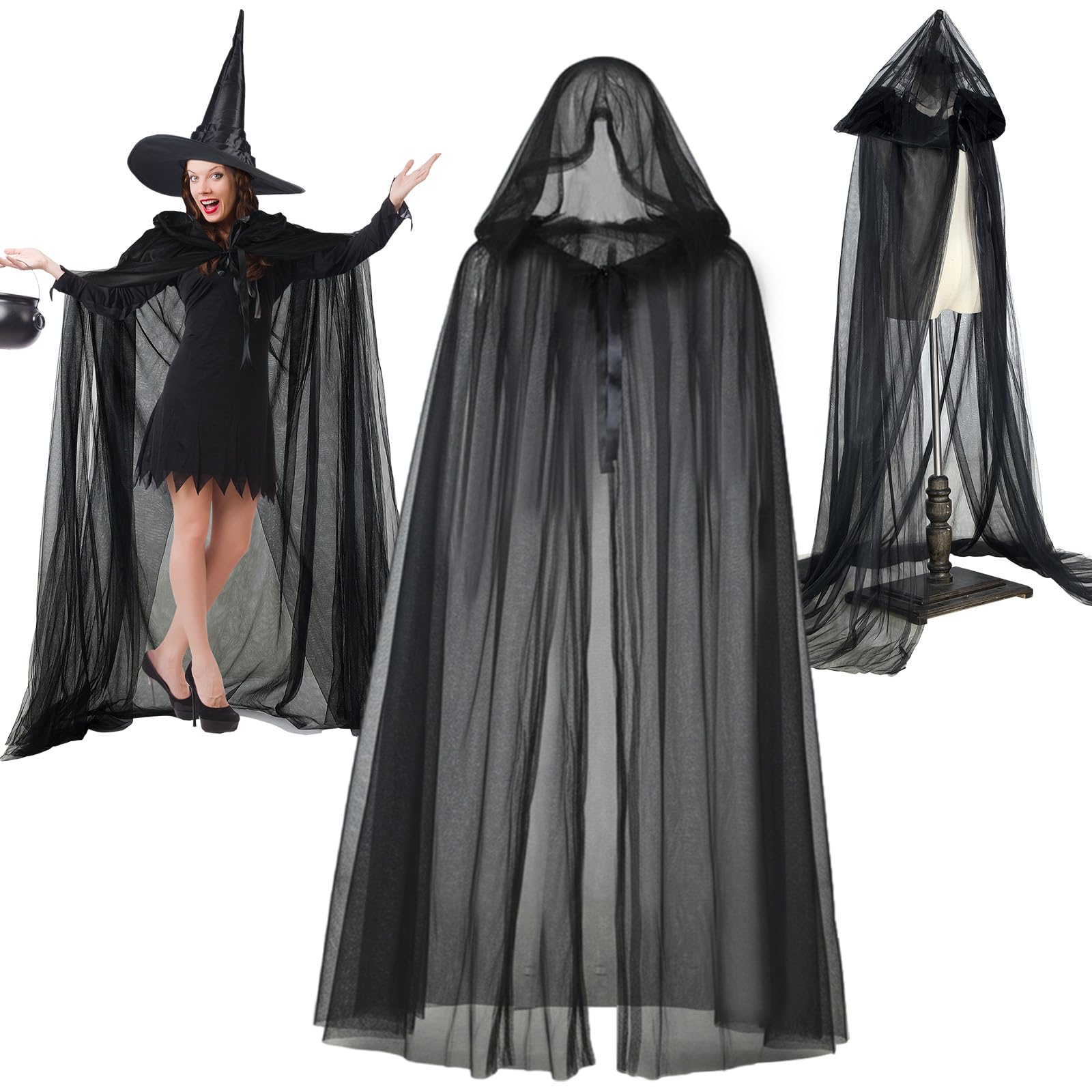 2 Pcs Halloween Witch Cape for Women Black Lace Cape Costumes Set Lace Cloak with Oversized Hood and Black Pointed Witch Hat for Women Cosplay Party Costume