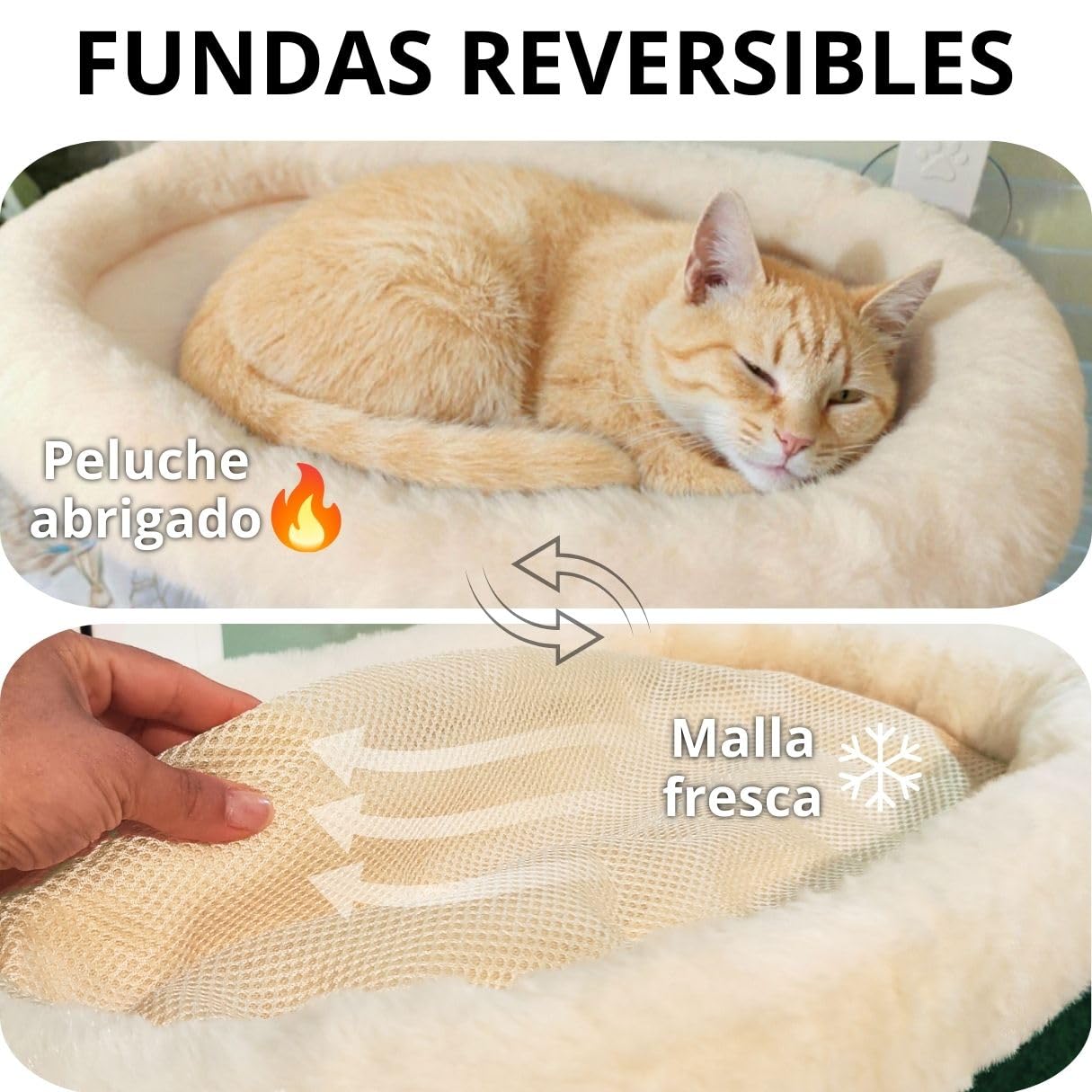 Hamaca Gato Ventana con Cojín + Funda Manta para Gatos + Montaje Pared | Cama Ventana para Gatos pequeños y Grandes. Reversible Verano Invierno | Cama Gato Beige