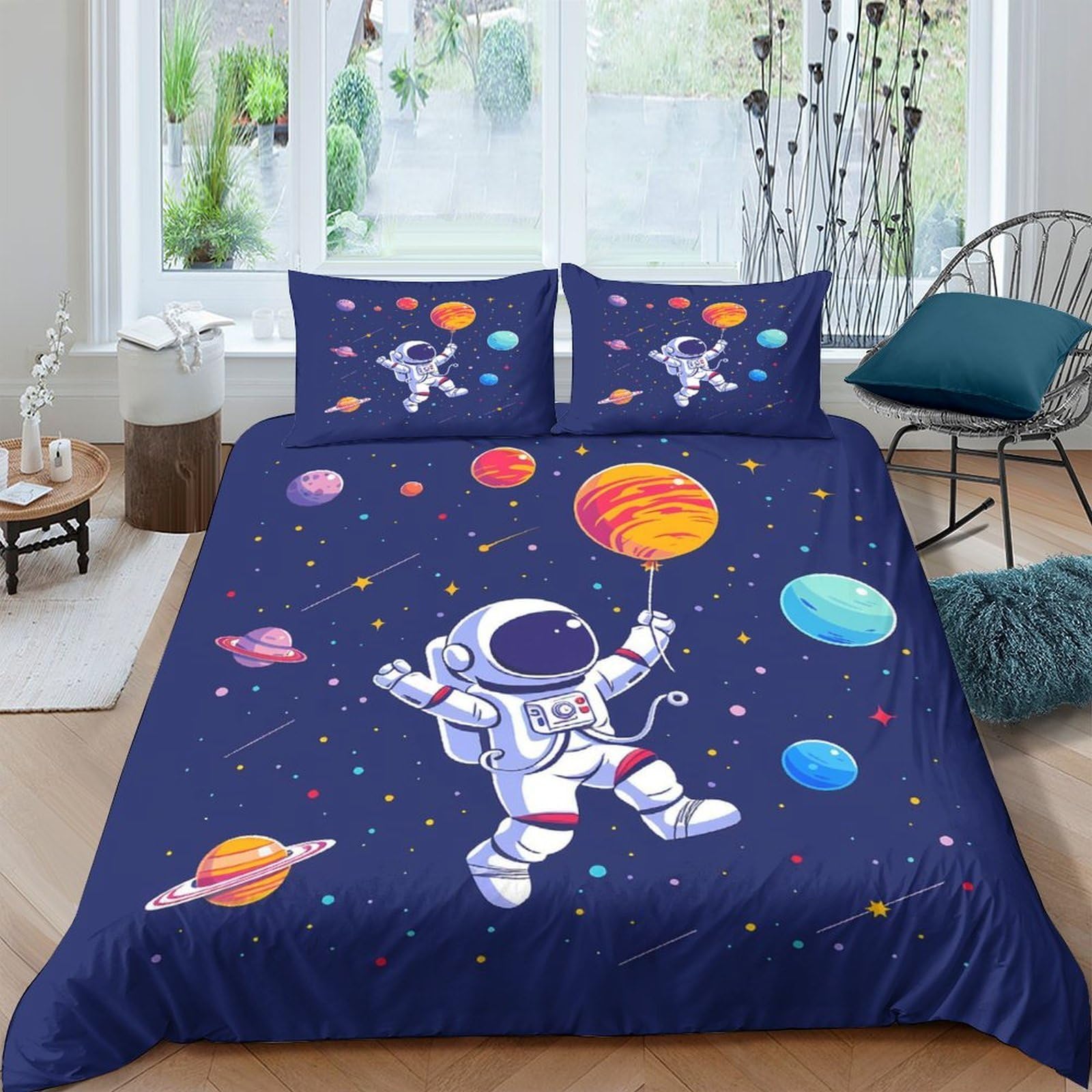 Ctjqhvkz Style-1 3D Printed Astronaut Space Fitted Sheet Microfiber Soft Blue Planet Mattress Cover For Bedroom Dorm Home Decor Single（135X200cm）