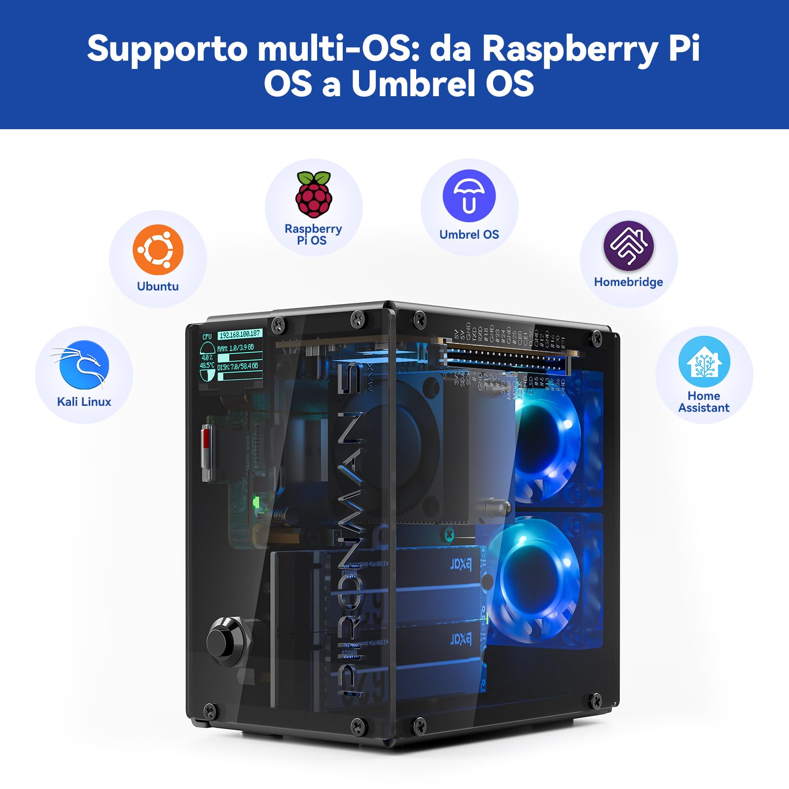 Pironman 5-MAX NVMe M.2 SSD PCIe Alloggiamento Raspberry Pi 5 NAS RAID 0/1 AI Acceleratore Hailo-8L PWM Ventole RGB 0,96" OLED Spegnimento sicuro HDMI (RPI5 non incluso)