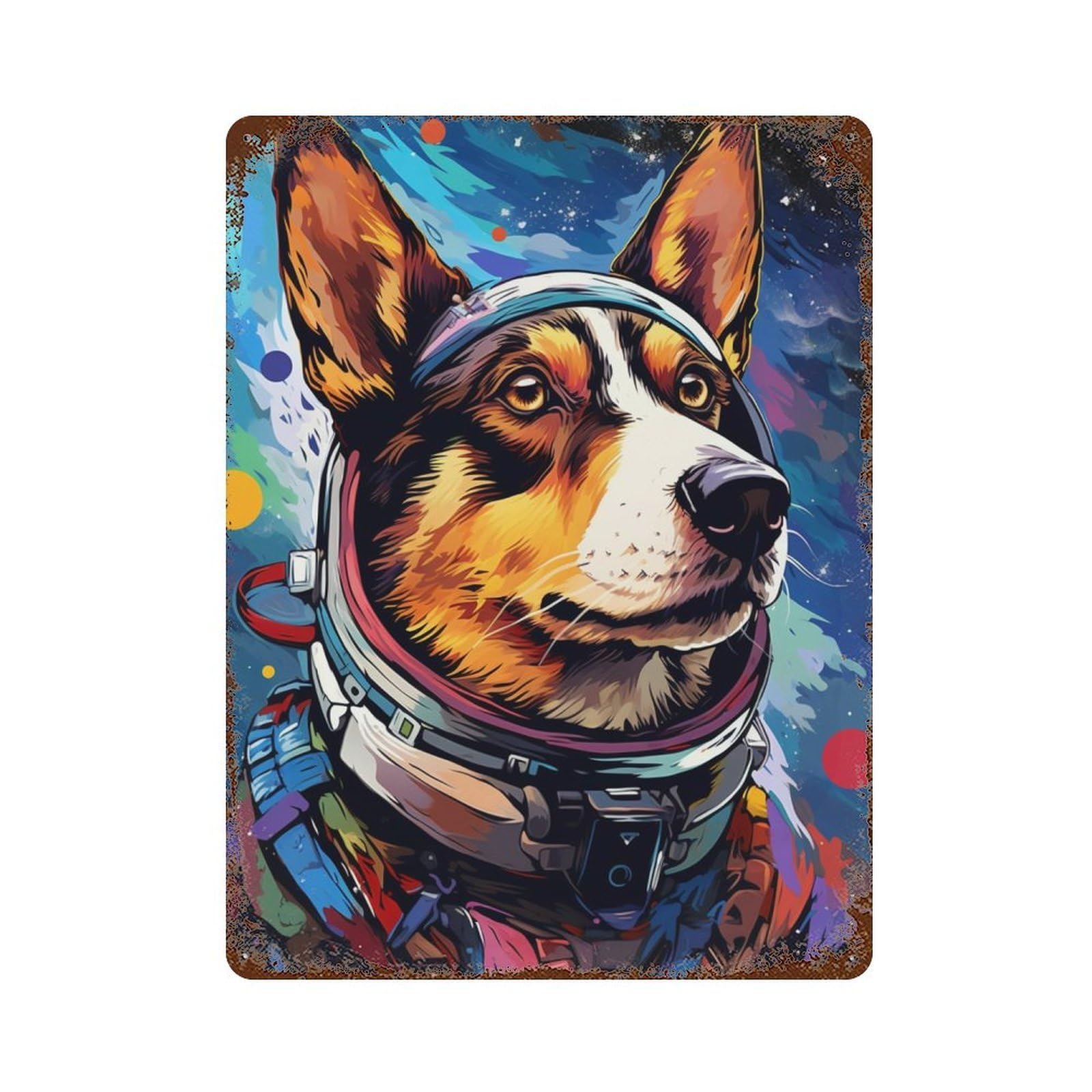Space Dog Explorer-10 Vintage Rust Metal Sign 15.7"x11.8", Ideal for Bistro, Counter And Cafe Decor