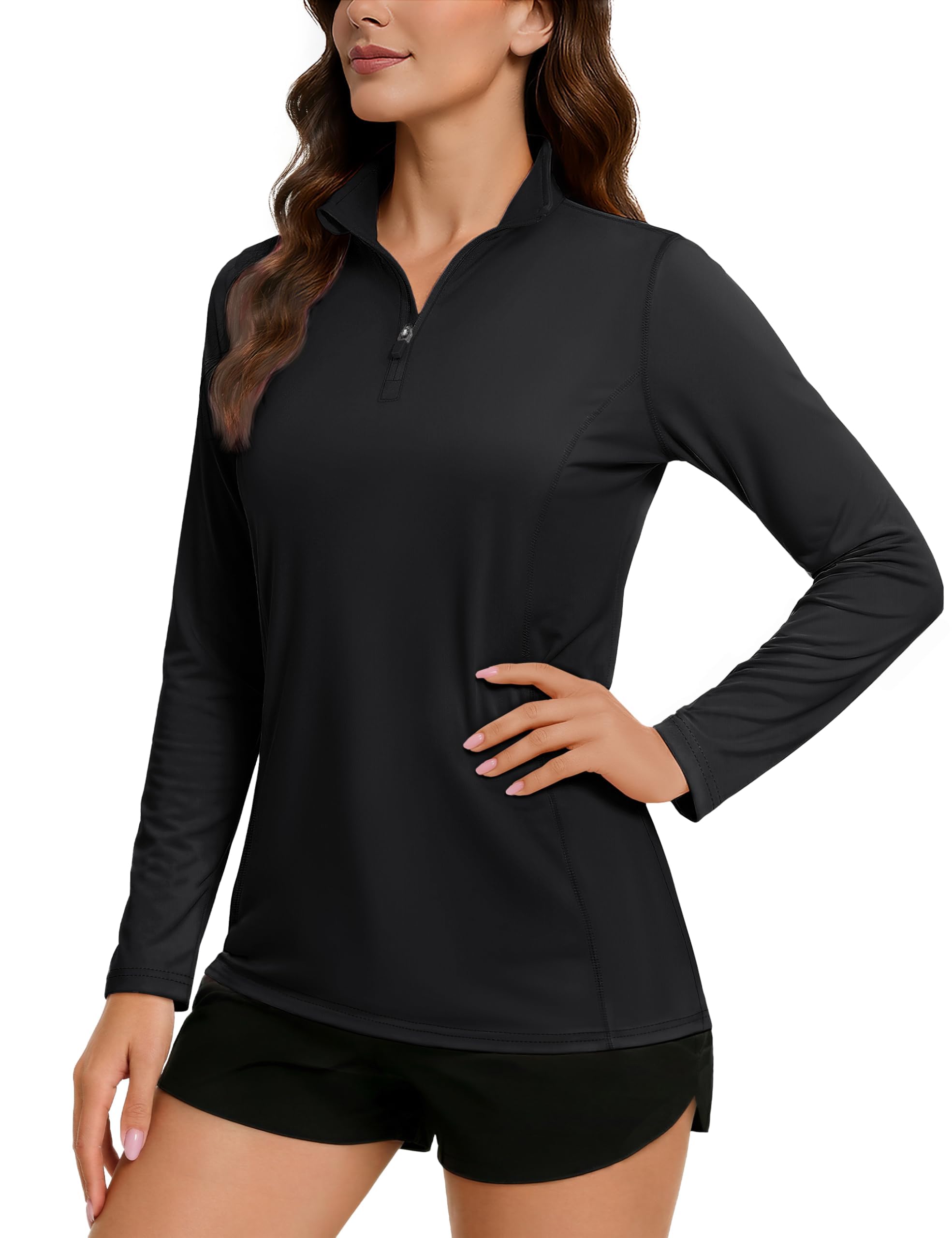 TACVASEN Damen Langarm Uv-Schutz UPF 50+ 1/4 Reißverschluss Langarmshirt Rash-Guard-Shirt