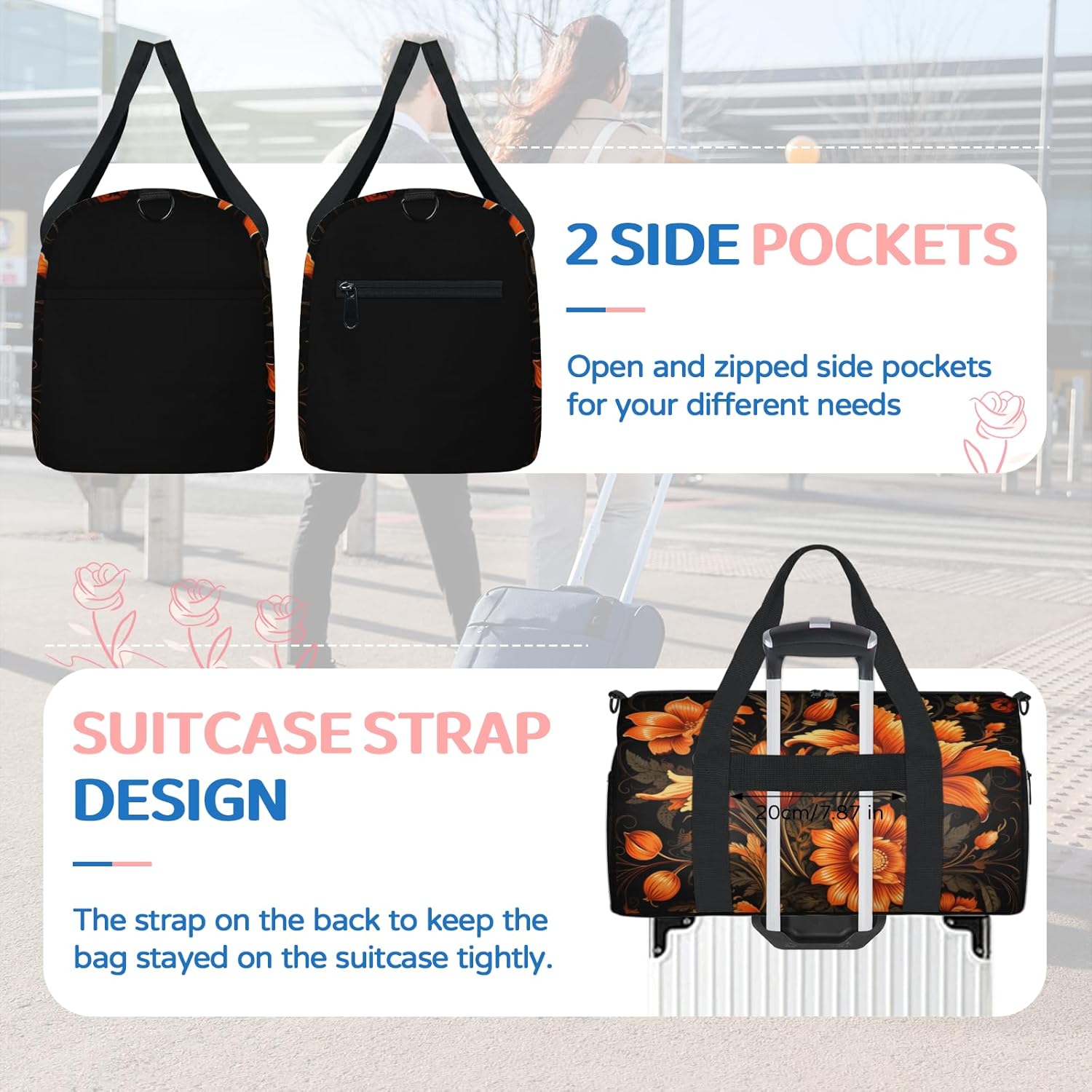 Flowers Overnight Travel Bag Unisex Orange Black Carry-On Size Tote Bag Suitable for Travel Duffle Gym Sports