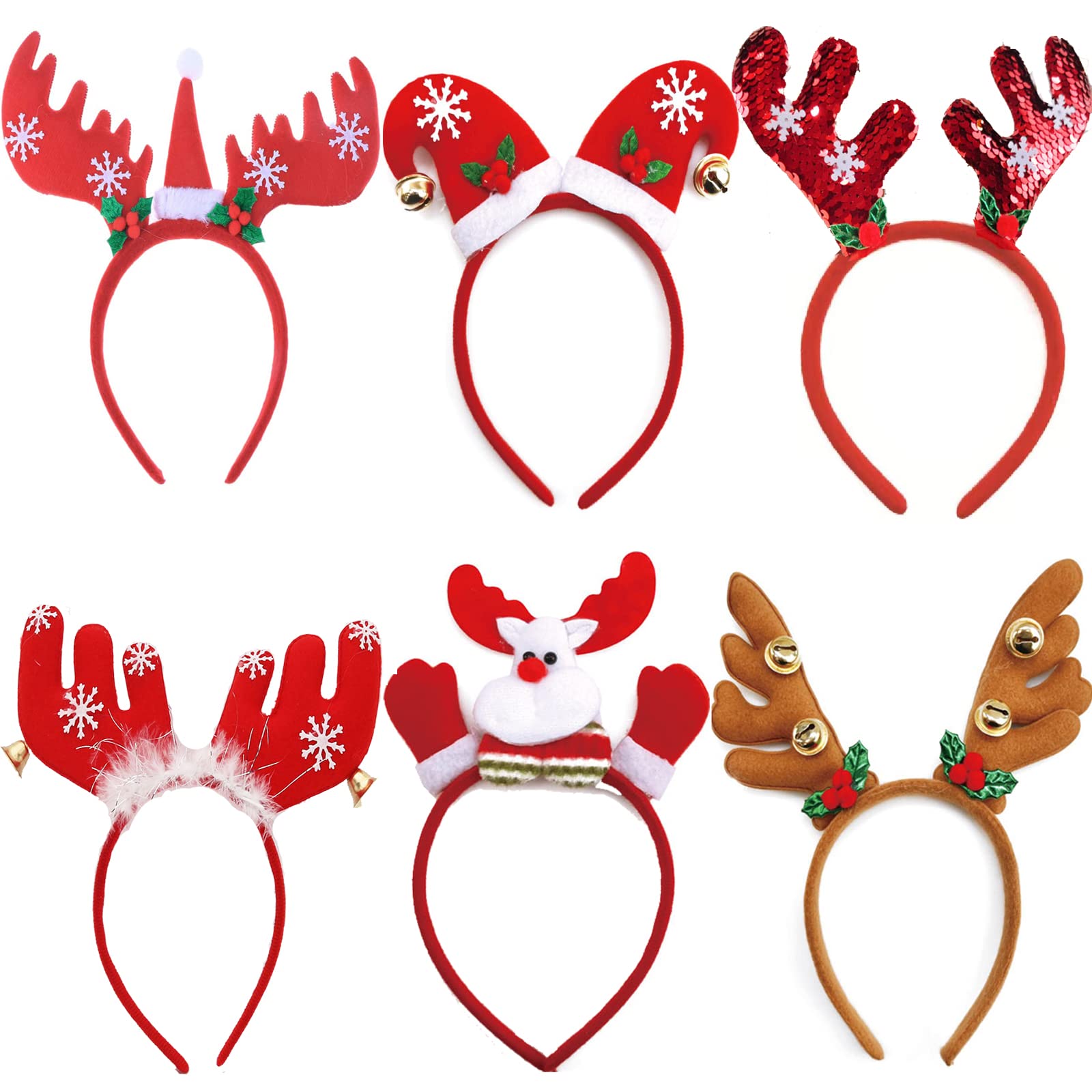 ZEAUBiM 6 Pack Christmas Headbands Elves Party Hats Christmas Reindeer Costume Headbands for Christmas Holiday Party