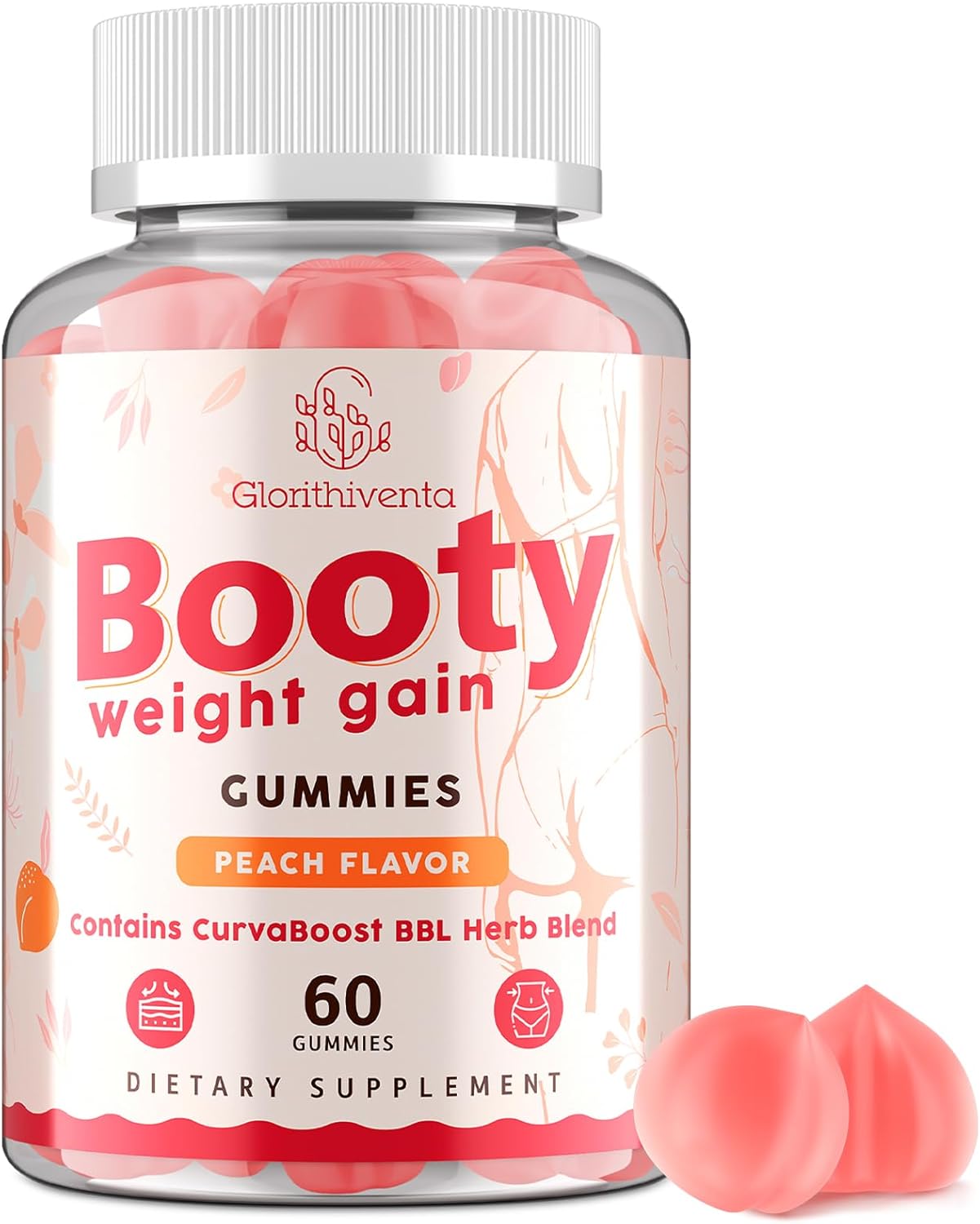 Booty Gummies for Women, BBL Gummies Contains CurvaBoost BBL Herb Blend & Creatine Monohydrate for Booty, Curves & Energy, Zero Sugar, Vegan, Peach Flavor - 60 Counts