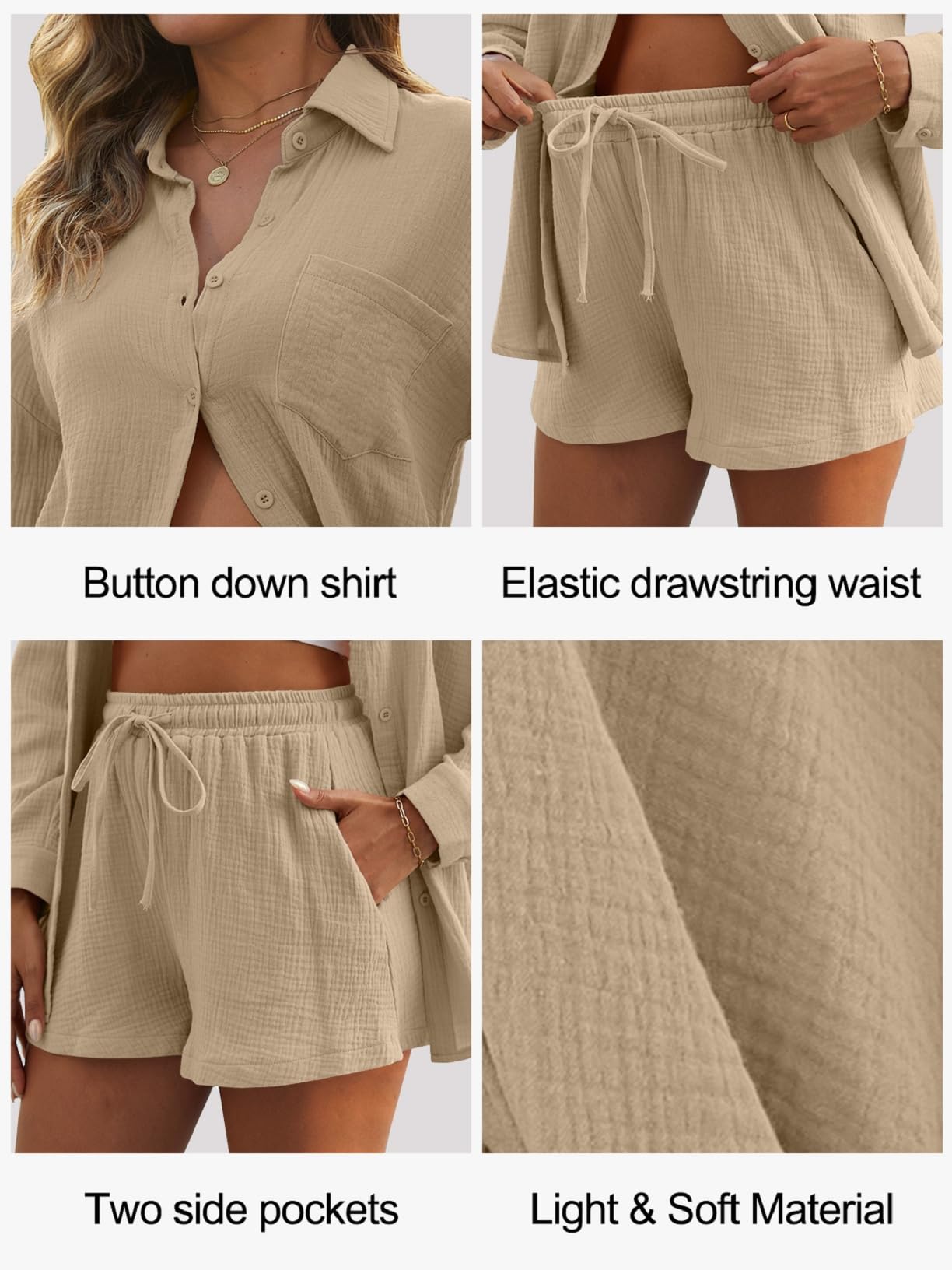 Ensemble Femme Short et Chemise en Lin Chic et Elegant Chemise Manches Longues et Shorts 2 Pièces Ensemble Court d'été Décontracté été Loungewear 2 Pièces Survêtement en Mousseline Streetwear