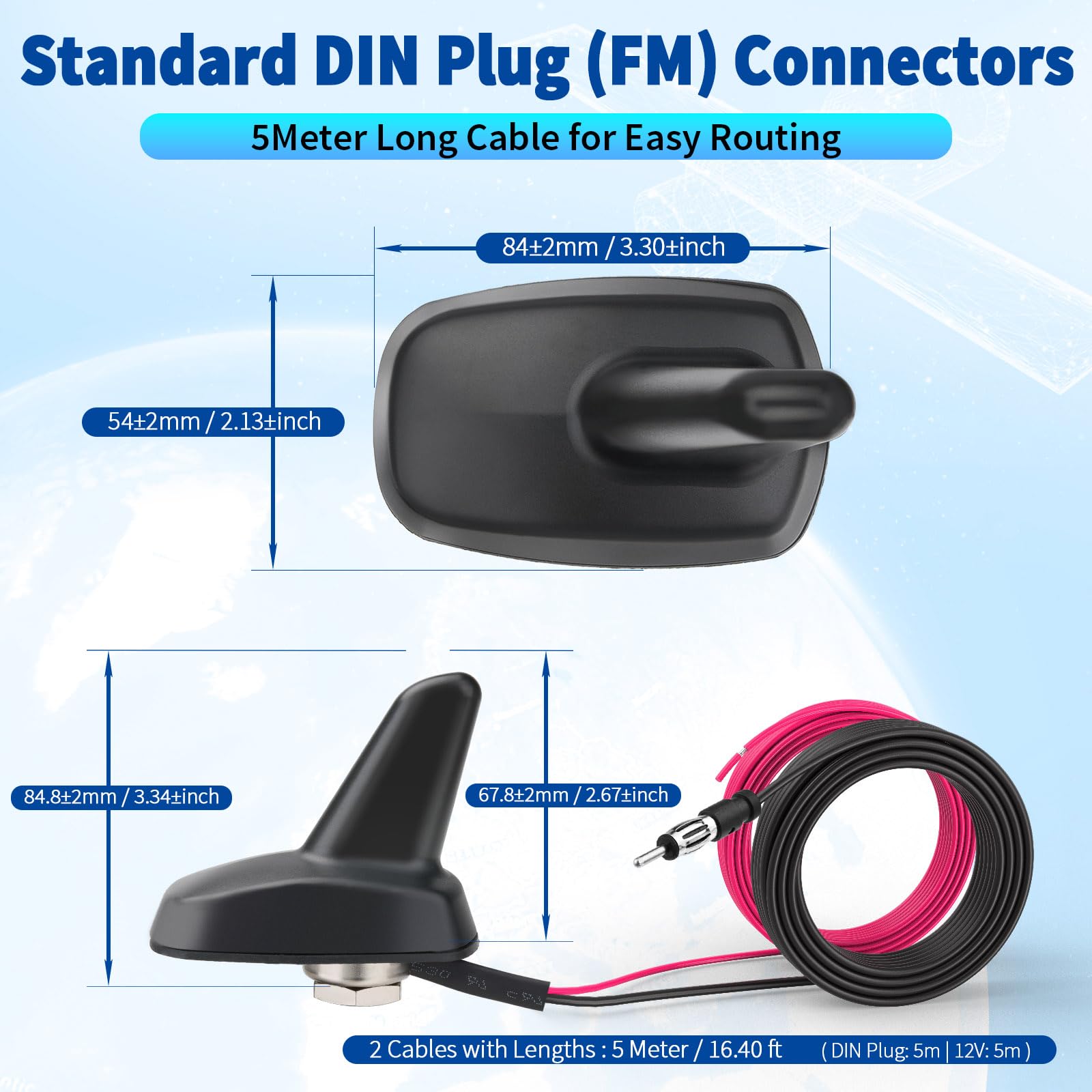 Bingfu Antena Radio Coche Tiburón Shark Fin FM/Am, Alta Gain 17-23 dB, IP65 Resistente al Agua, 9-16 V CC, Cable de 5 Metro, Compatible con Coches, Camiones, Autocaravanas y SUV, Color Black