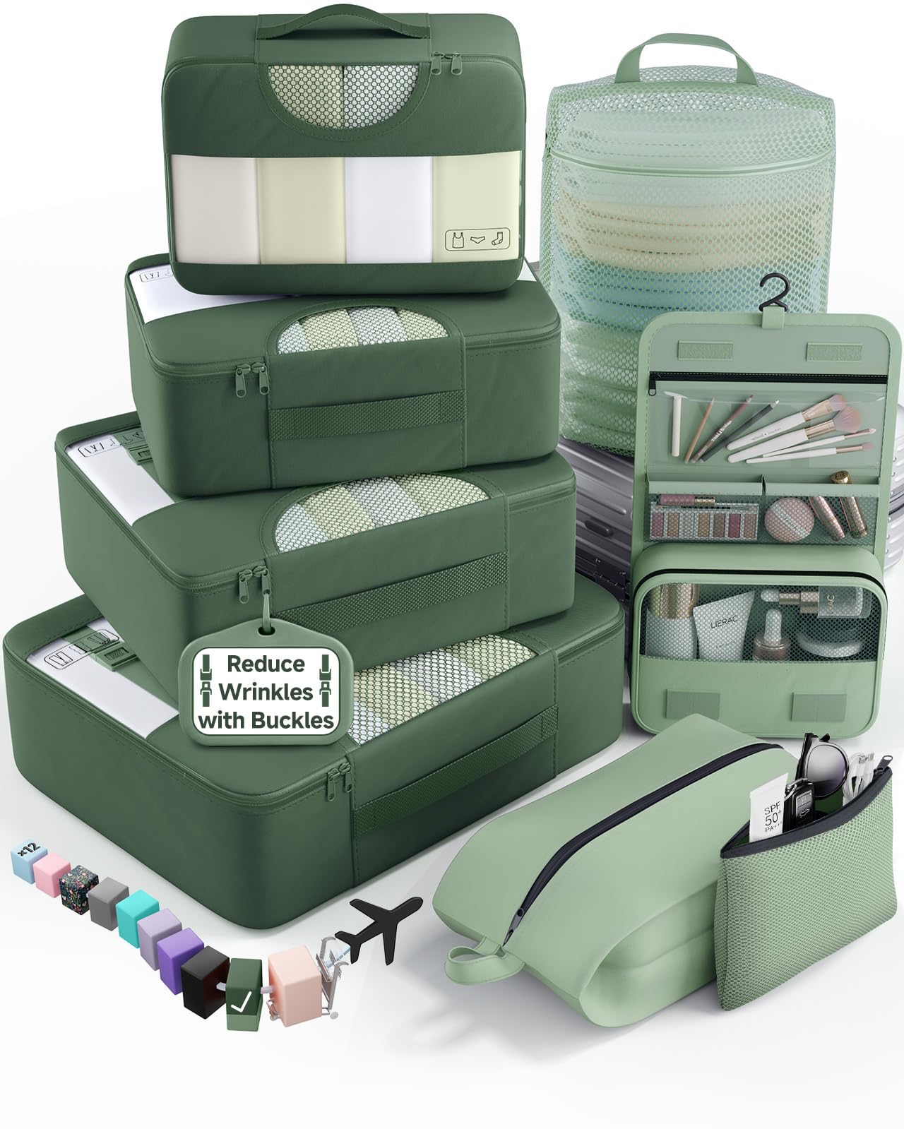 Veken 8 Set Packing Cubes for Travel Essentials,Anti-Wrinkle Buckled Suitcase Organizer for Shoe &amp; Toiletry Bag,Carry On Luggage Bag with 99+ Count Mesh Holes for Airplane &amp; College Dorm Accessories